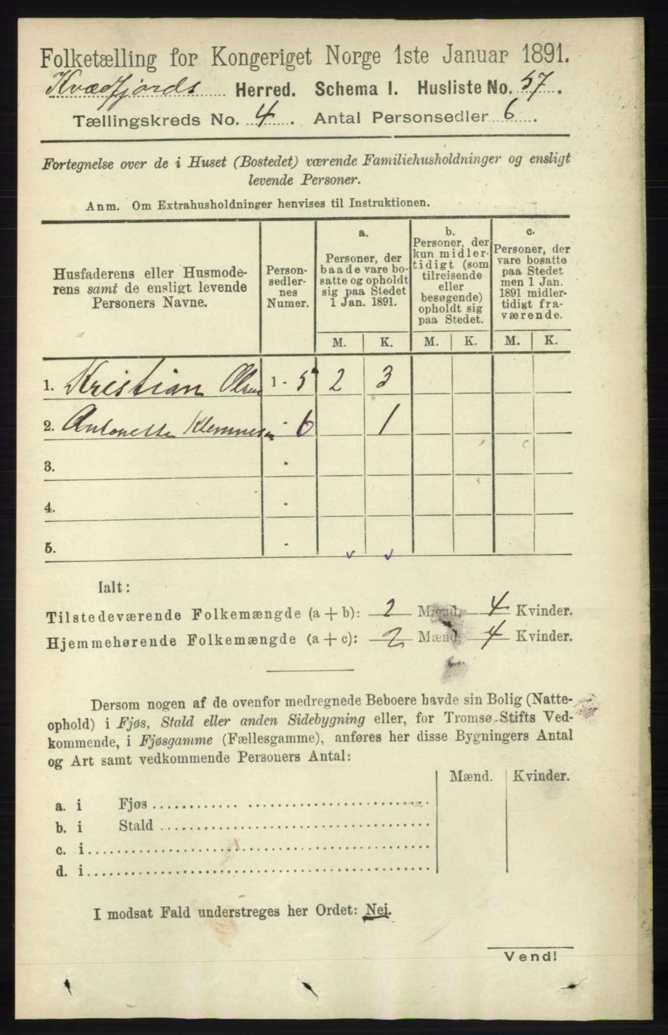 RA, 1891 census for 1911 Kvæfjord, 1891, p. 1806