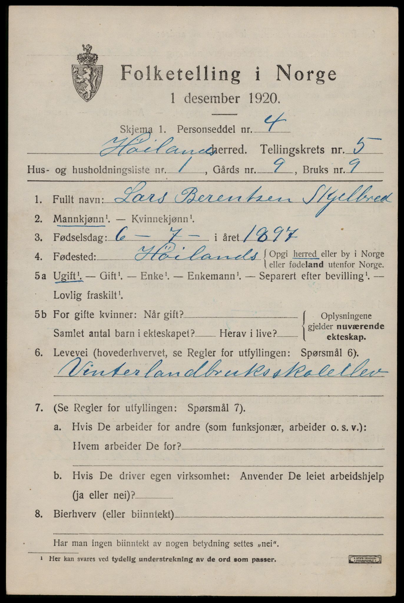 SAST, 1920 census for Høyland, 1920, p. 3726