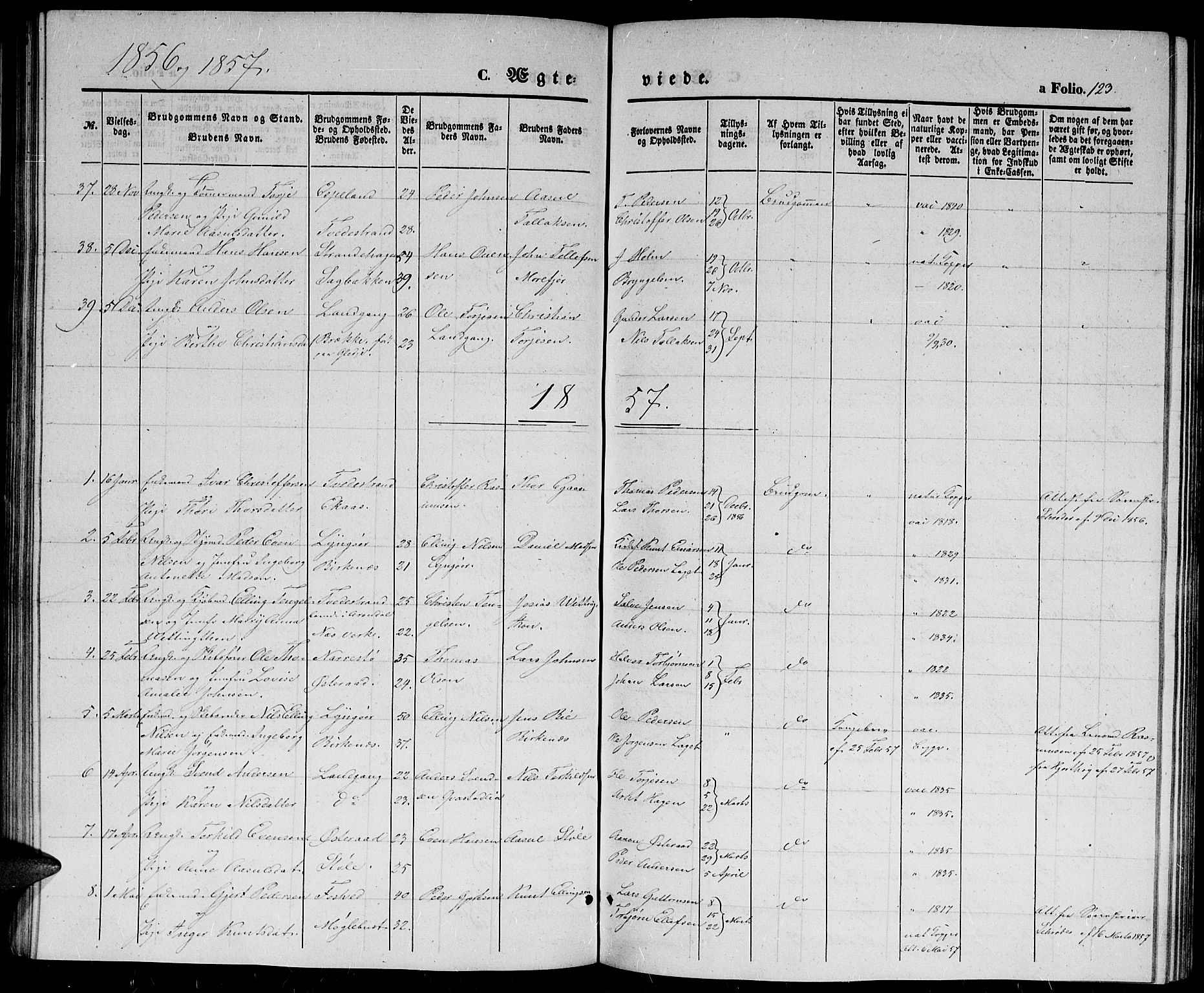 Holt sokneprestkontor, AV/SAK-1111-0021/F/Fb/L0007: Parish register (copy) no. B 7, 1849-1858, p. 123