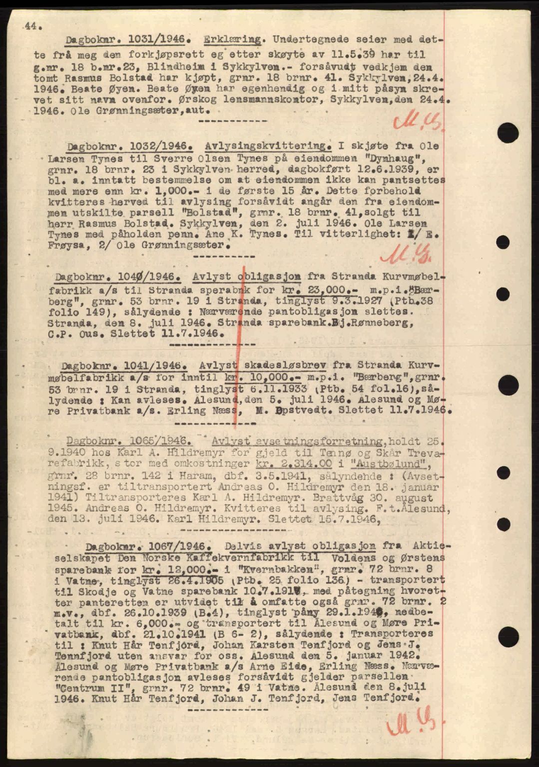Nordre Sunnmøre sorenskriveri, SAT/A-0006/1/2/2C/2Ca: Mortgage book no. B6-14 a, 1942-1945, Diary no: : 1031/1946