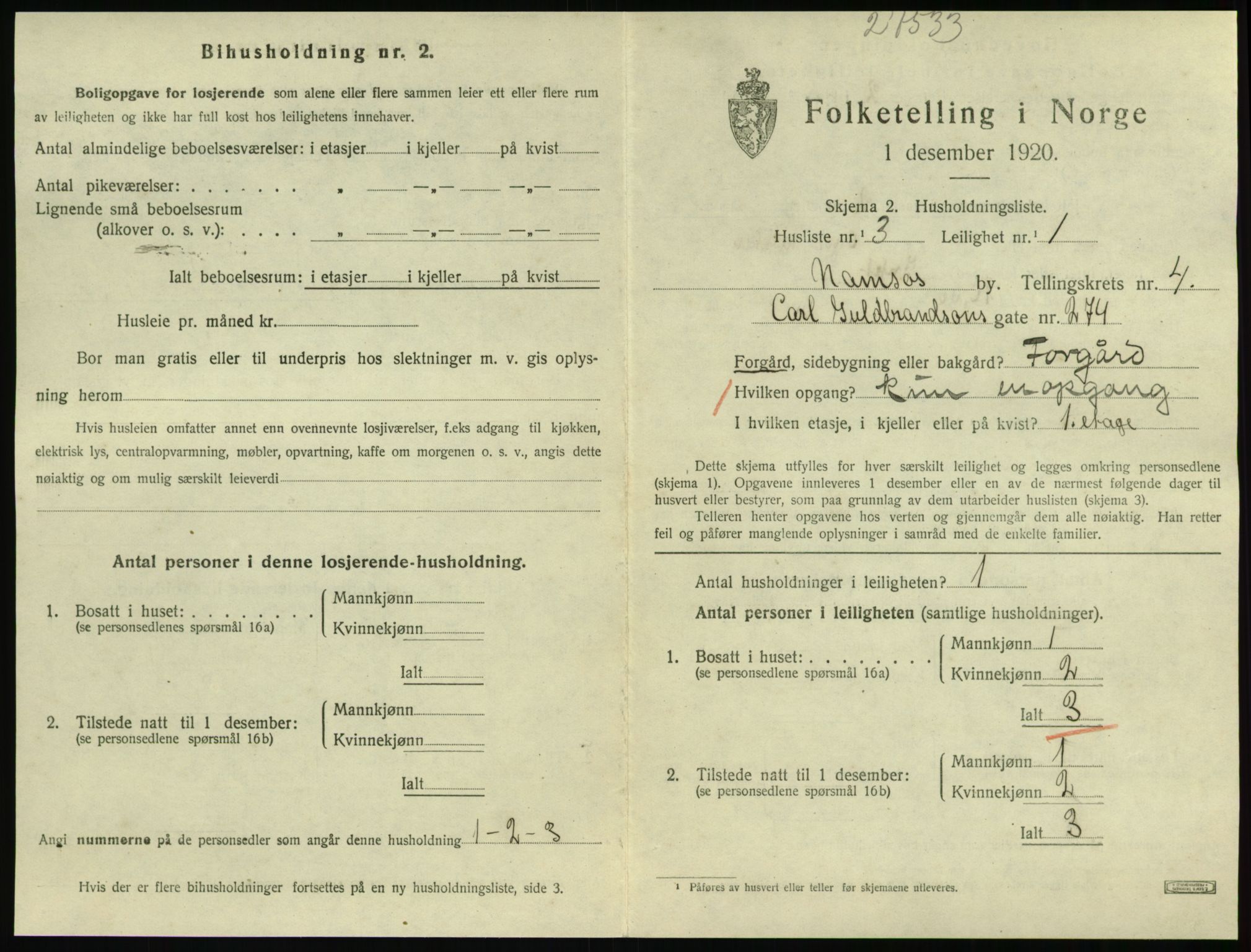 SAT, 1920 census for Namsos, 1920, p. 1409