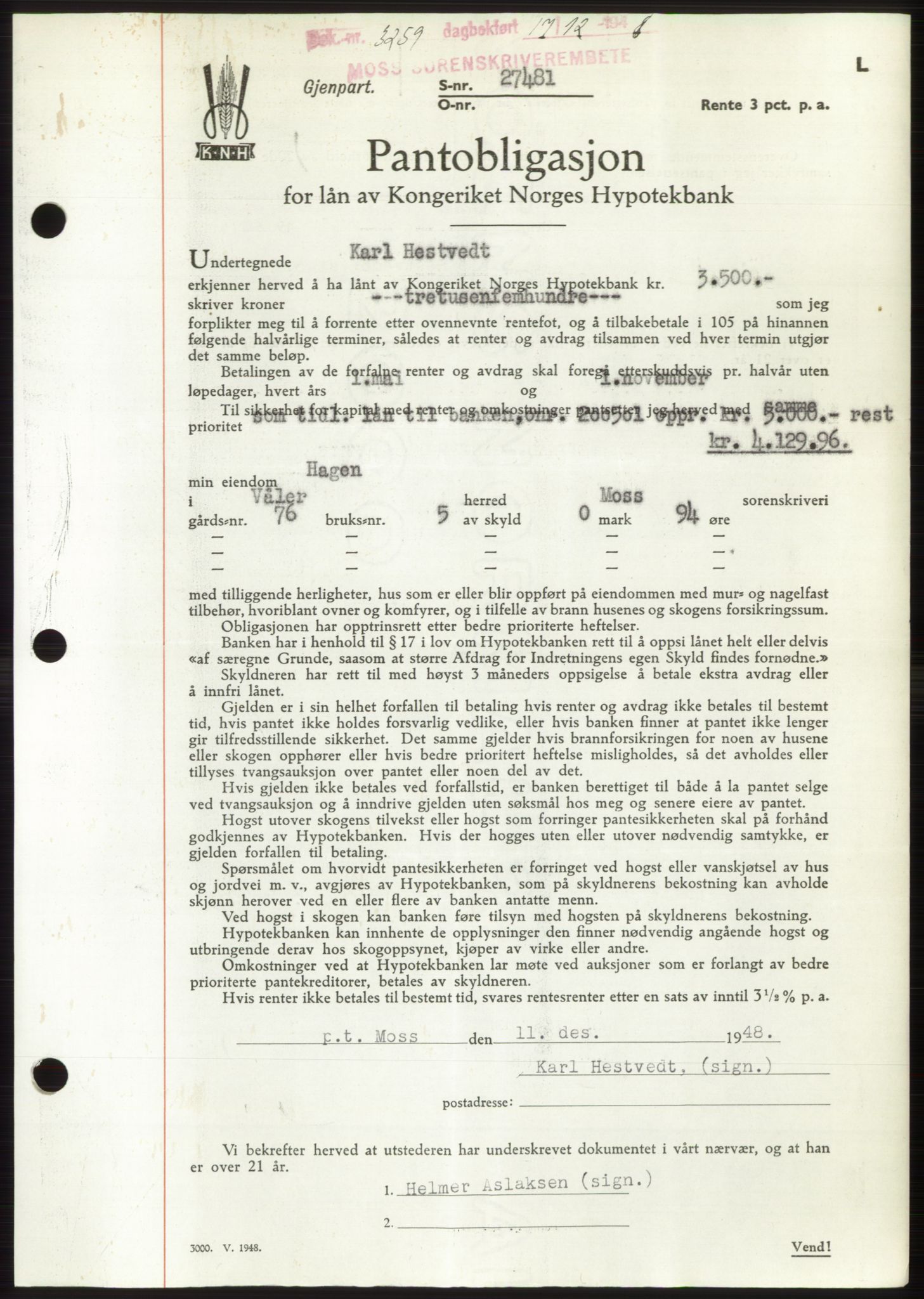 Moss sorenskriveri, AV/SAO-A-10168: Mortgage book no. B20, 1948-1948, Diary no: : 3259/1948