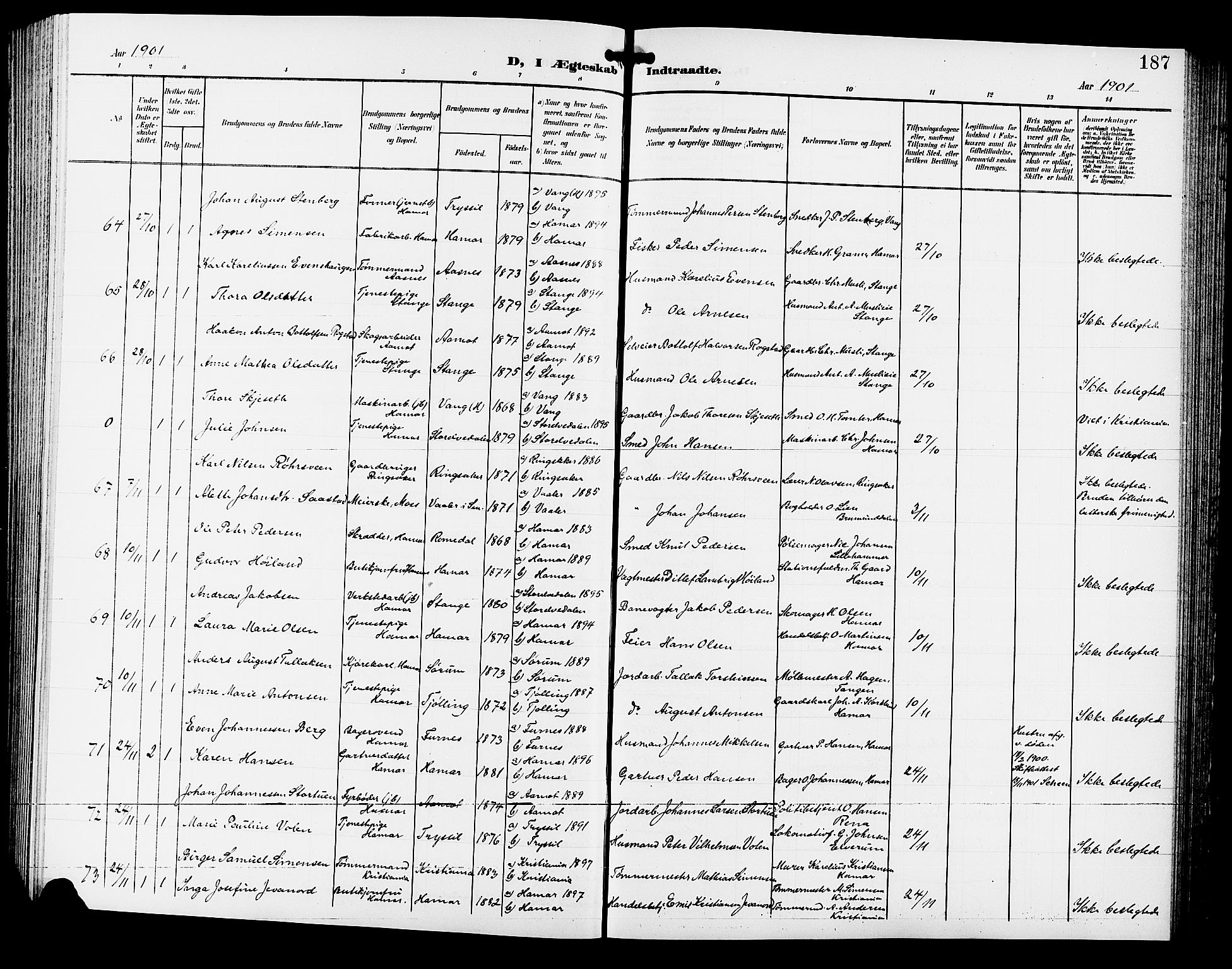 Hamar prestekontor, SAH/DOMPH-002/H/Ha/Hab/L0001: Parish register (copy) no. 1, 1899-1914, p. 187
