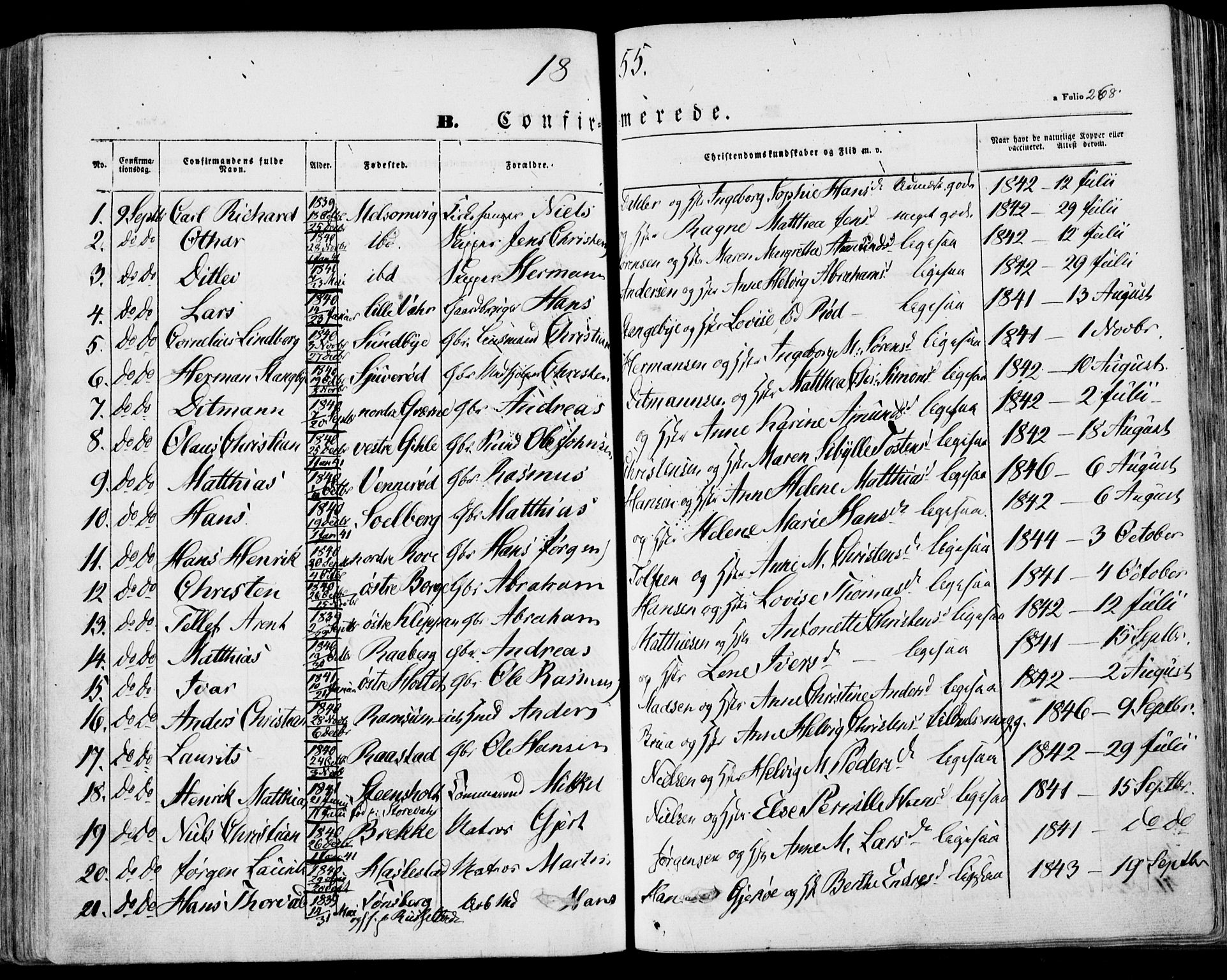 Stokke kirkebøker, SAKO/A-320/F/Fa/L0007: Parish register (official) no. I 7, 1844-1857, p. 268