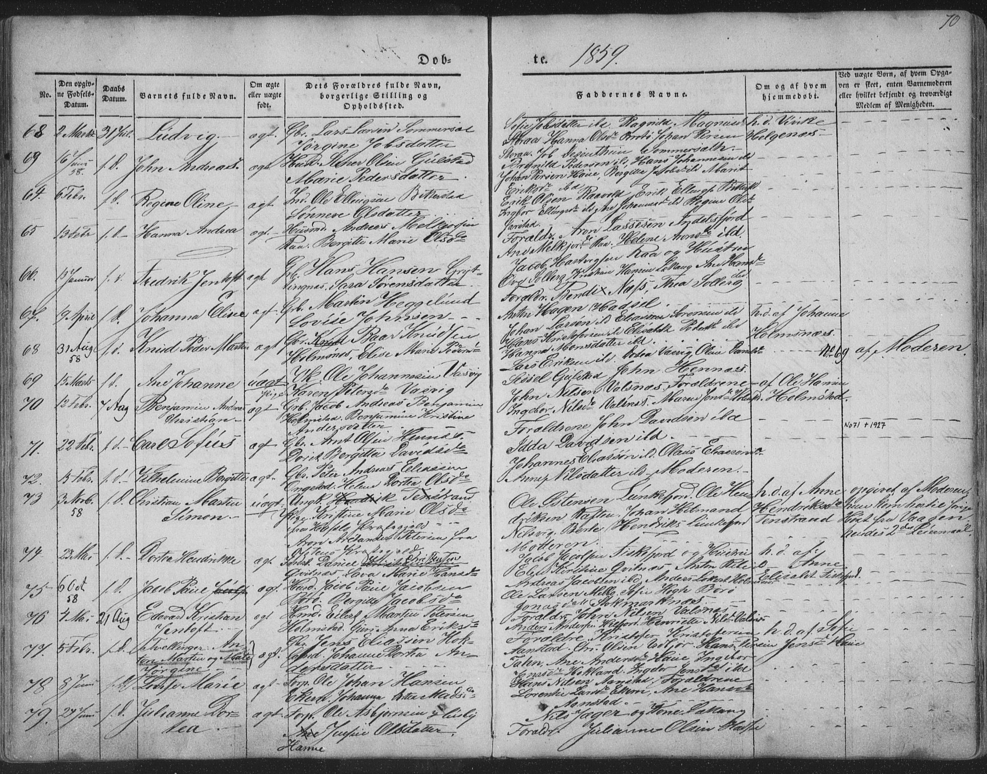 Ministerialprotokoller, klokkerbøker og fødselsregistre - Nordland, SAT/A-1459/888/L1241: Parish register (official) no. 888A07, 1849-1869, p. 70
