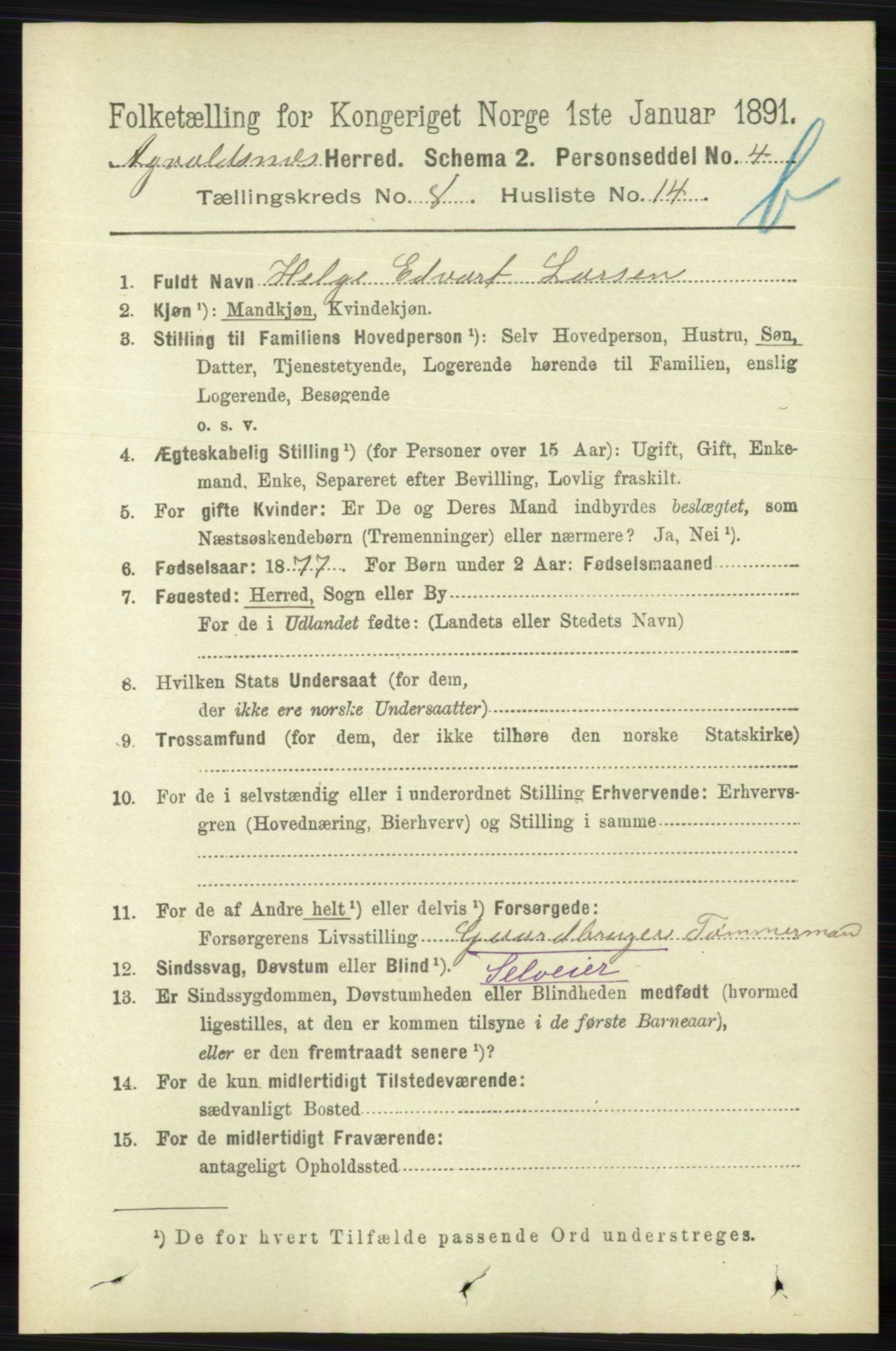 RA, 1891 census for 1147 Avaldsnes, 1891, p. 4280