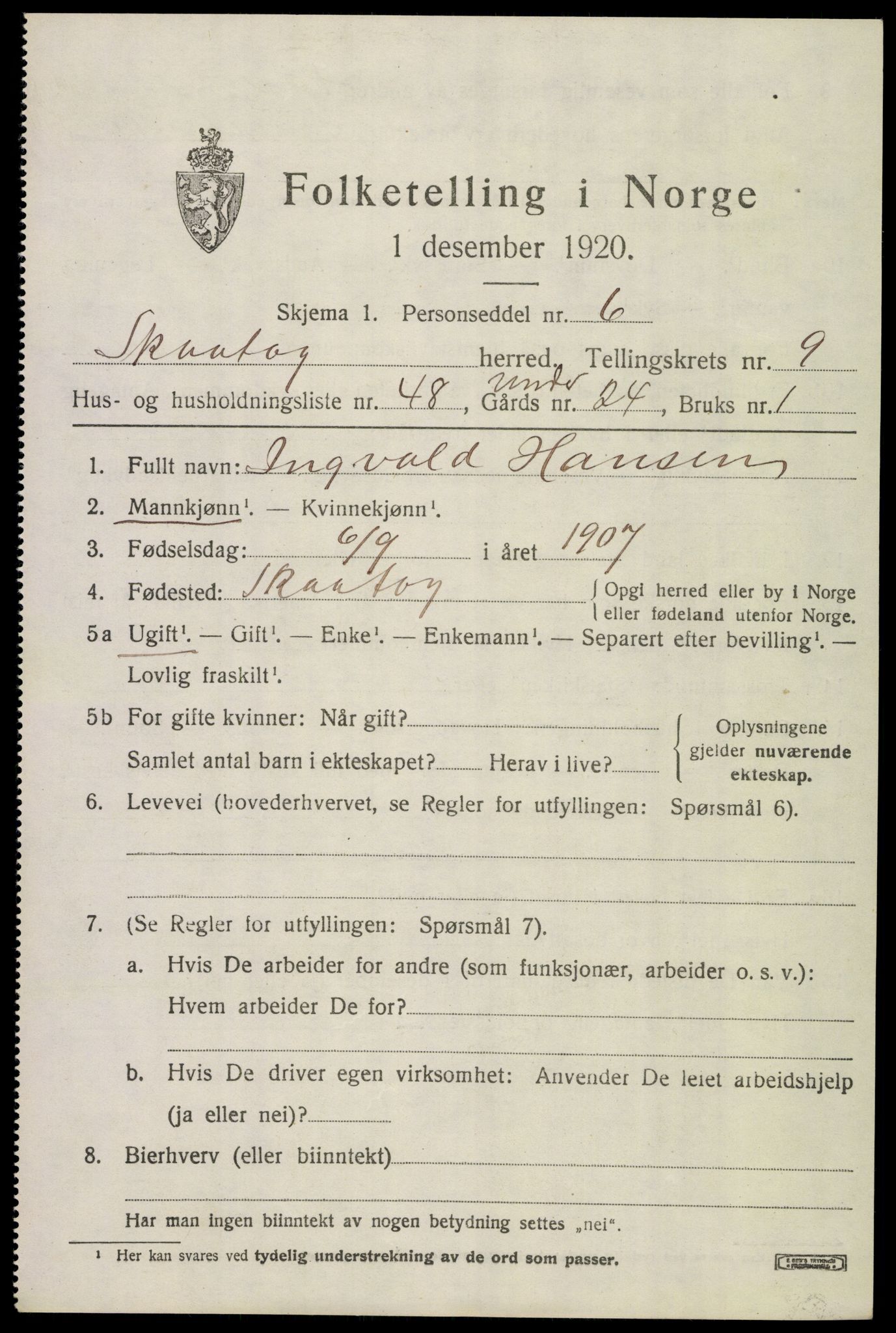 SAKO, 1920 census for Skåtøy, 1920, p. 7156