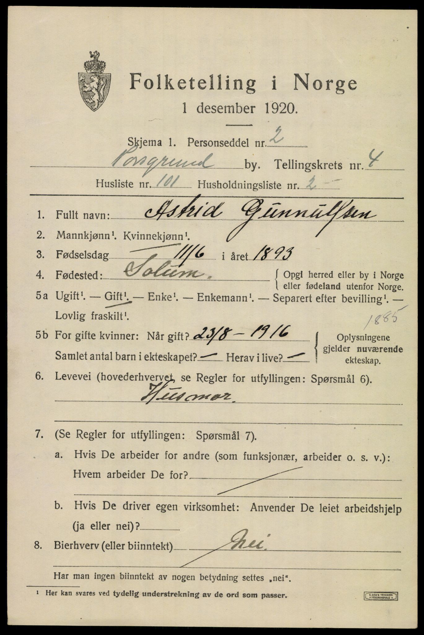 SAKO, 1920 census for Porsgrunn, 1920, p. 19875