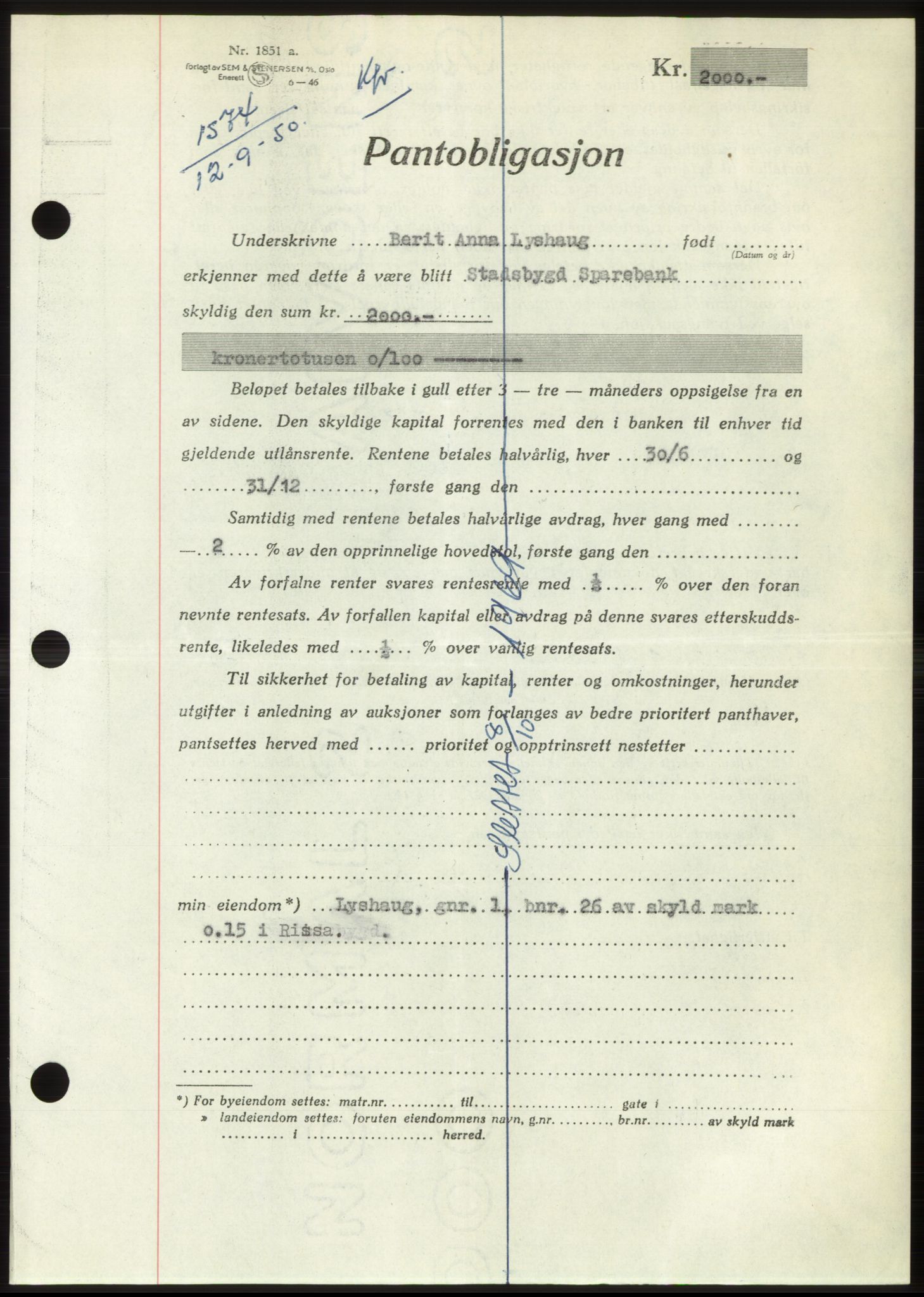 Fosen sorenskriveri, AV/SAT-A-1107/1/2/2C: Mortgage book no. B, 1948-1950, Diary no: : 1574/1950
