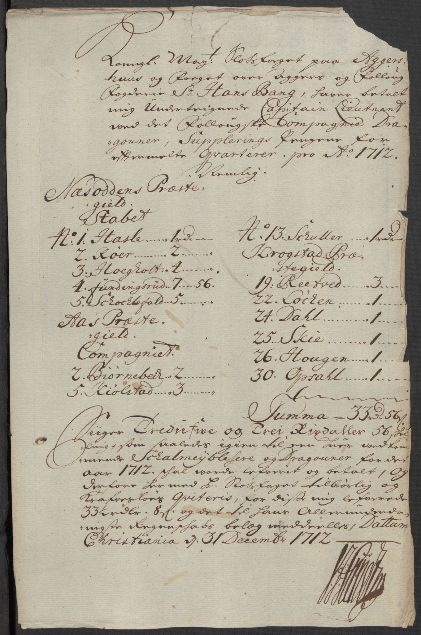 Rentekammeret inntil 1814, Reviderte regnskaper, Fogderegnskap, RA/EA-4092/R10/L0450: Fogderegnskap Aker og Follo, 1712, p. 170