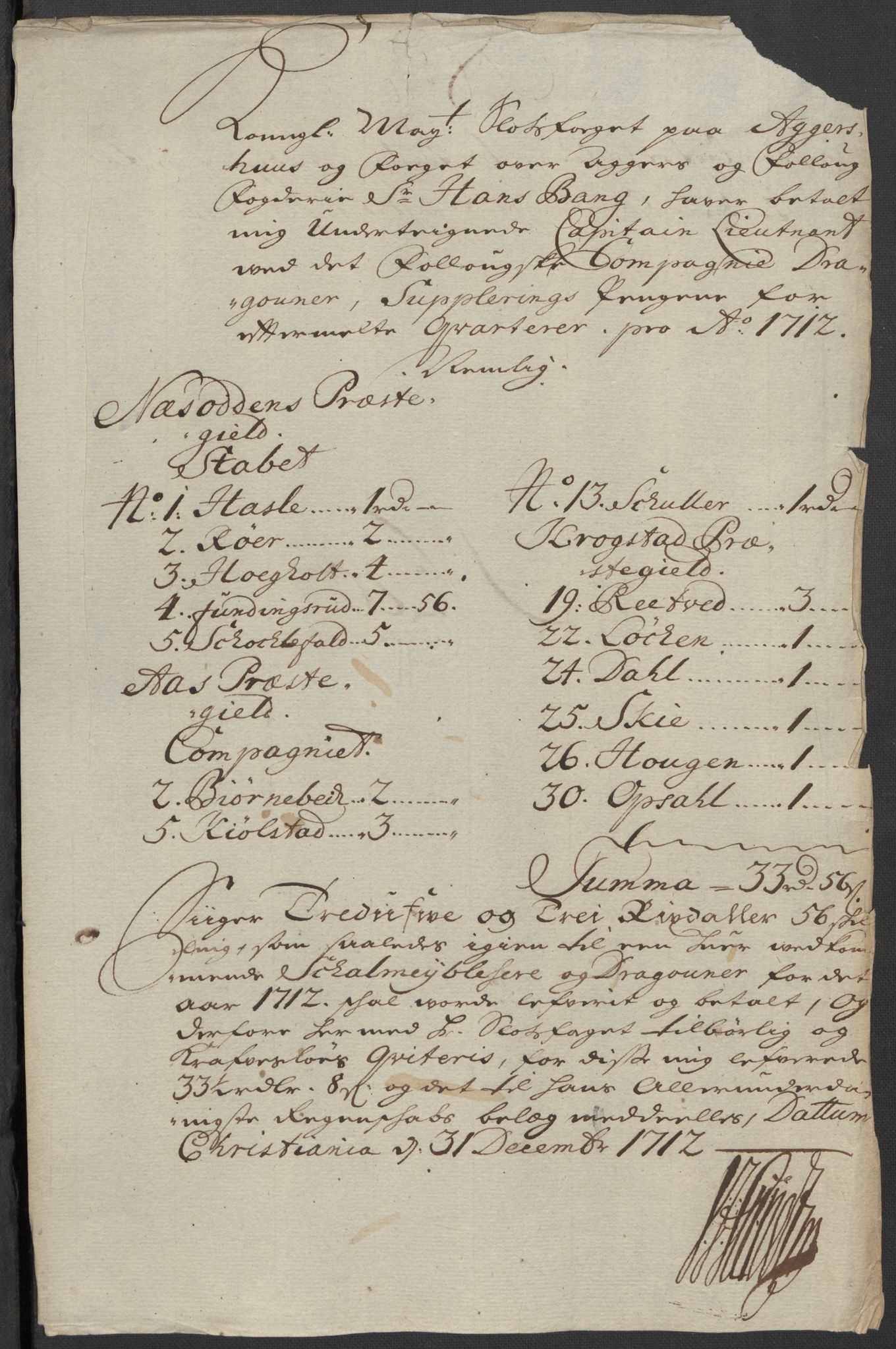 Rentekammeret inntil 1814, Reviderte regnskaper, Fogderegnskap, AV/RA-EA-4092/R10/L0450: Fogderegnskap Aker og Follo, 1712, p. 170