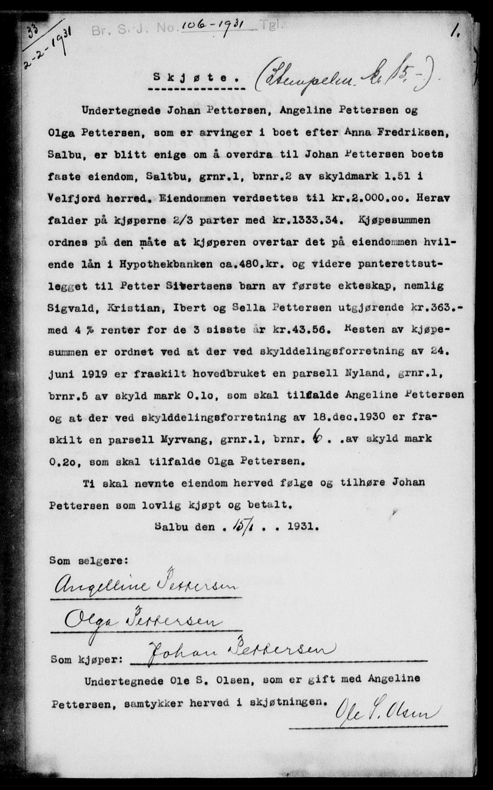Brønnøy sorenskriveri, SAT/A-4170/1/2/2C/L0009: Mortgage book no. 9, 1931-1932, p. 0-1, Deed date: 02.02.1931