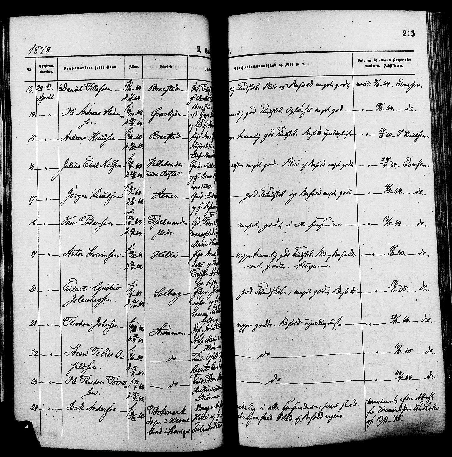 Øyestad sokneprestkontor, SAK/1111-0049/F/Fa/L0016: Parish register (official) no. A 16, 1874-1886, p. 215