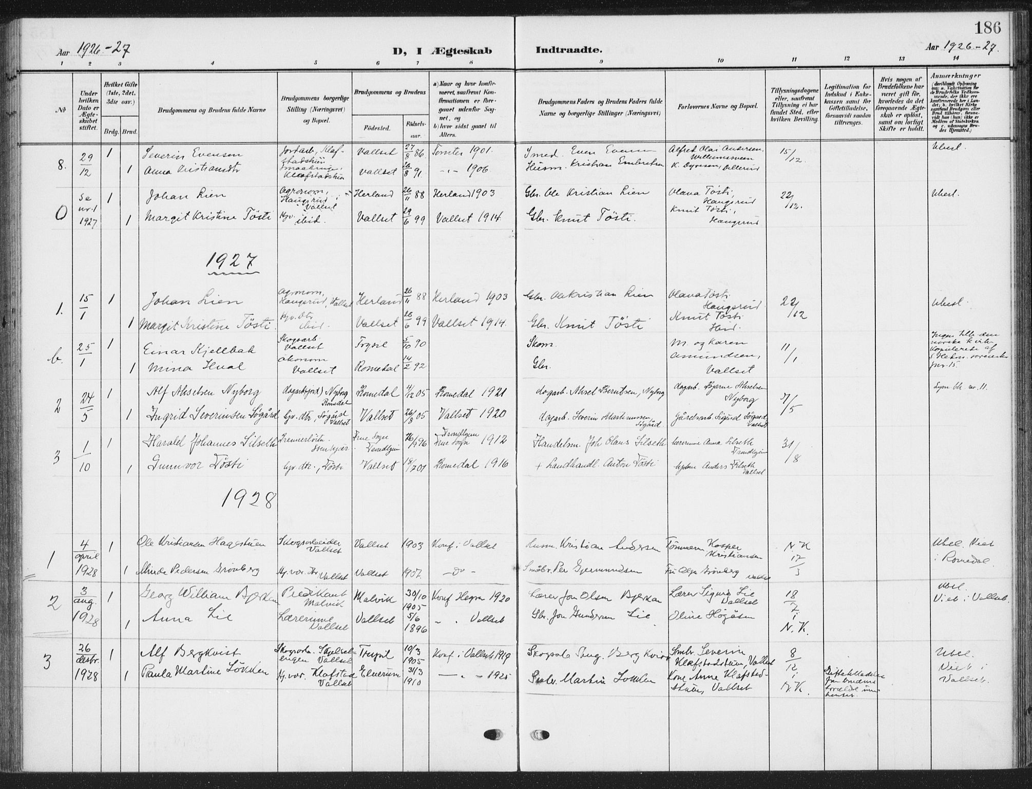 Romedal prestekontor, SAH/PREST-004/K/L0009: Parish register (official) no. 9, 1906-1929, p. 186