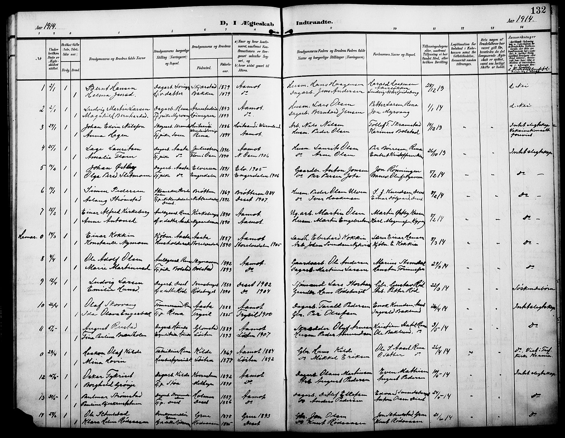 Åmot prestekontor, Hedmark, AV/SAH-PREST-056/H/Ha/Hab/L0004: Parish register (copy) no. 4, 1905-1920, p. 132