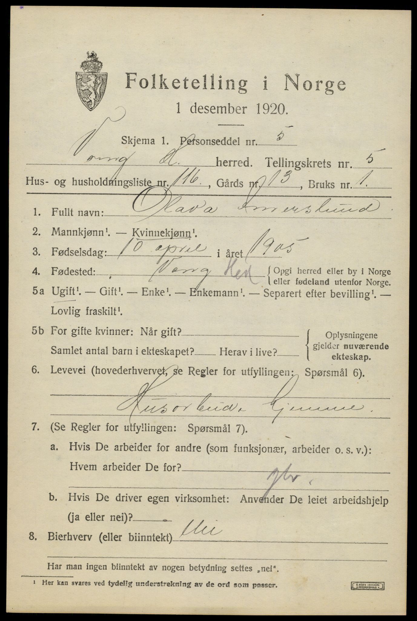 SAH, 1920 census for Vang (Hedmark), 1920, p. 13811