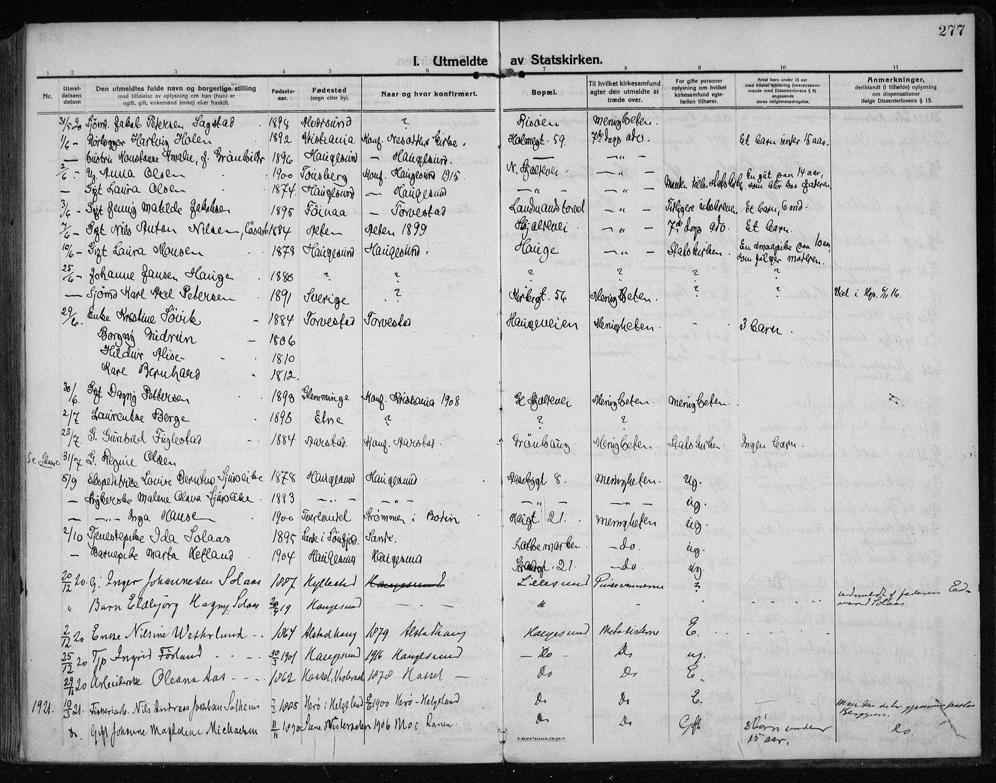 Haugesund sokneprestkontor, AV/SAST-A -101863/H/Ha/Haa/L0009: Parish register (official) no. A 9, 1914-1929, p. 277