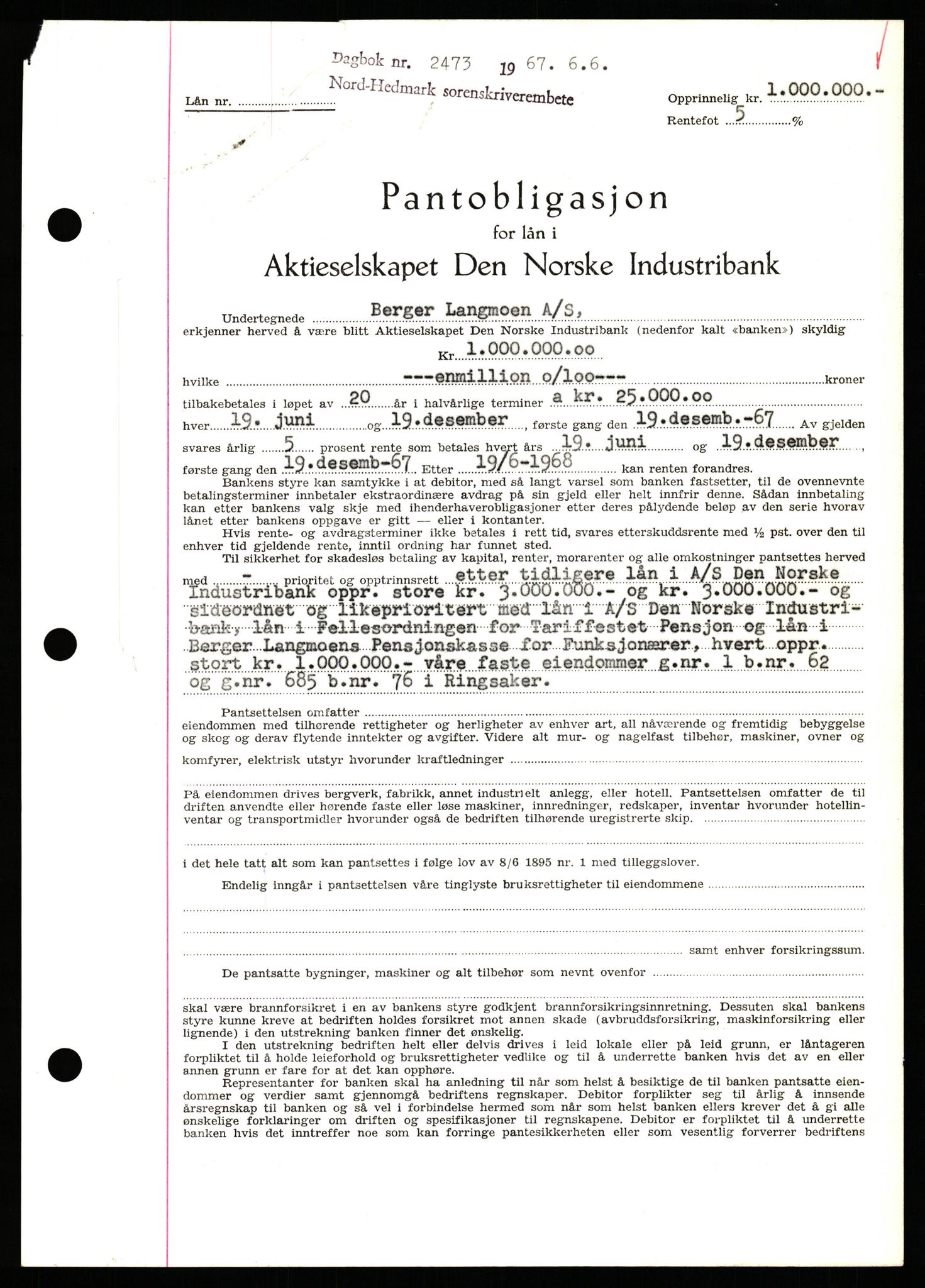 Nord-Hedmark sorenskriveri, SAH/TING-012/H/Hb/Hbf/L0071: Mortgage book no. B71, 1967-1967, Diary no: : 2473/1967