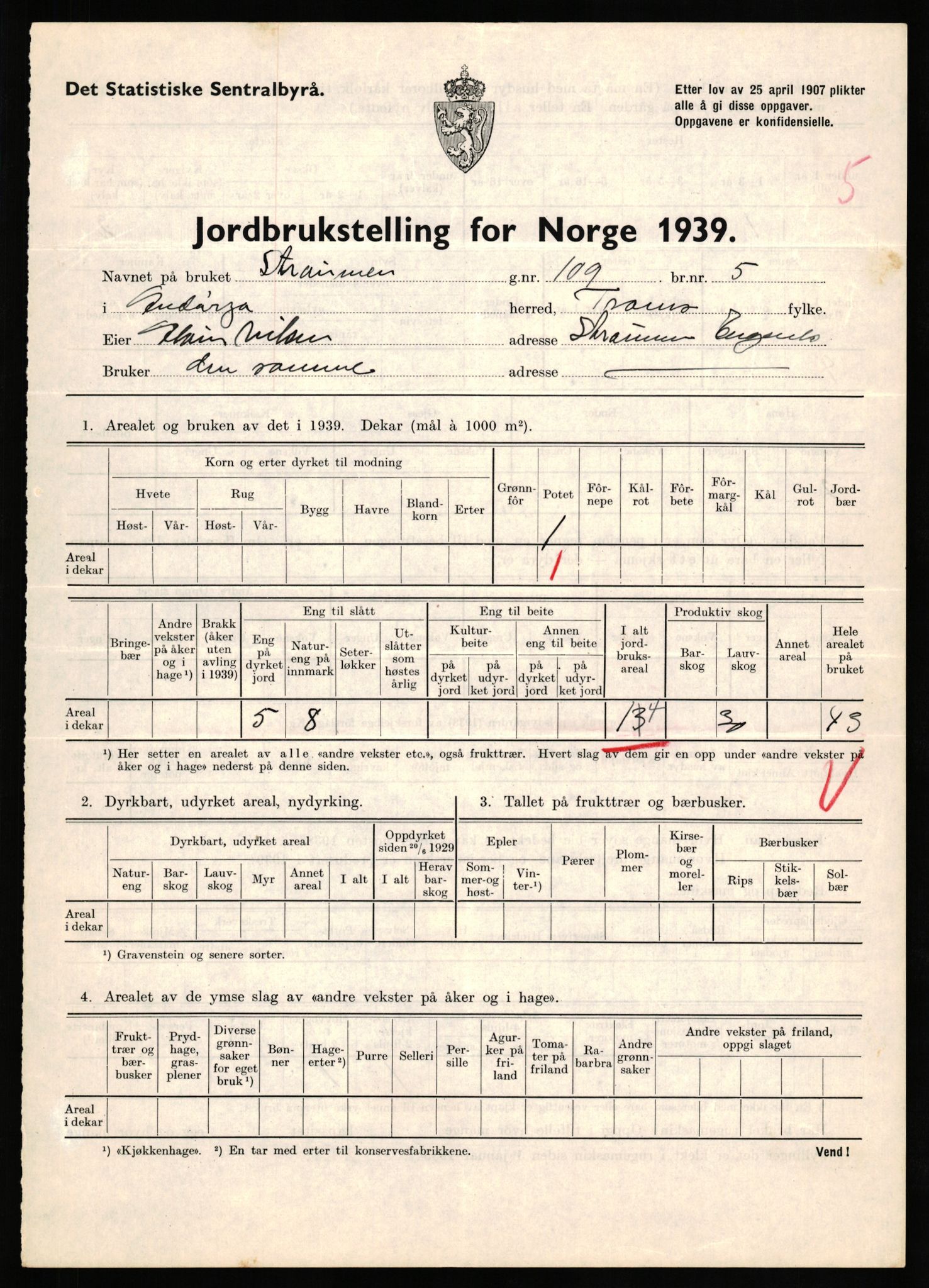 Statistisk sentralbyrå, Næringsøkonomiske emner, Jordbruk, skogbruk, jakt, fiske og fangst, AV/RA-S-2234/G/Gb/L0339: Troms: Andørja, Astafjord og Lavangen, 1939, p. 488