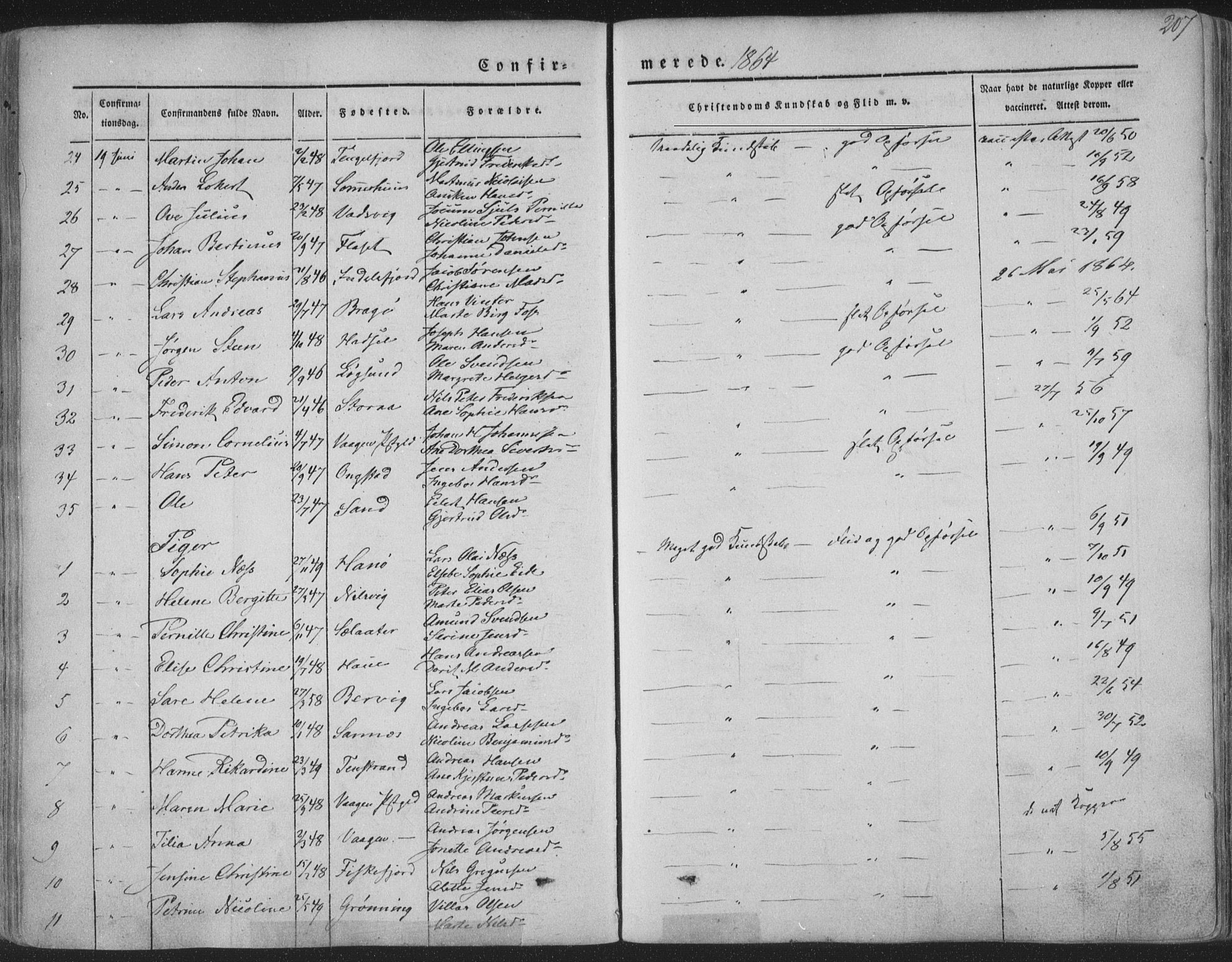 Ministerialprotokoller, klokkerbøker og fødselsregistre - Nordland, AV/SAT-A-1459/888/L1241: Parish register (official) no. 888A07, 1849-1869, p. 207