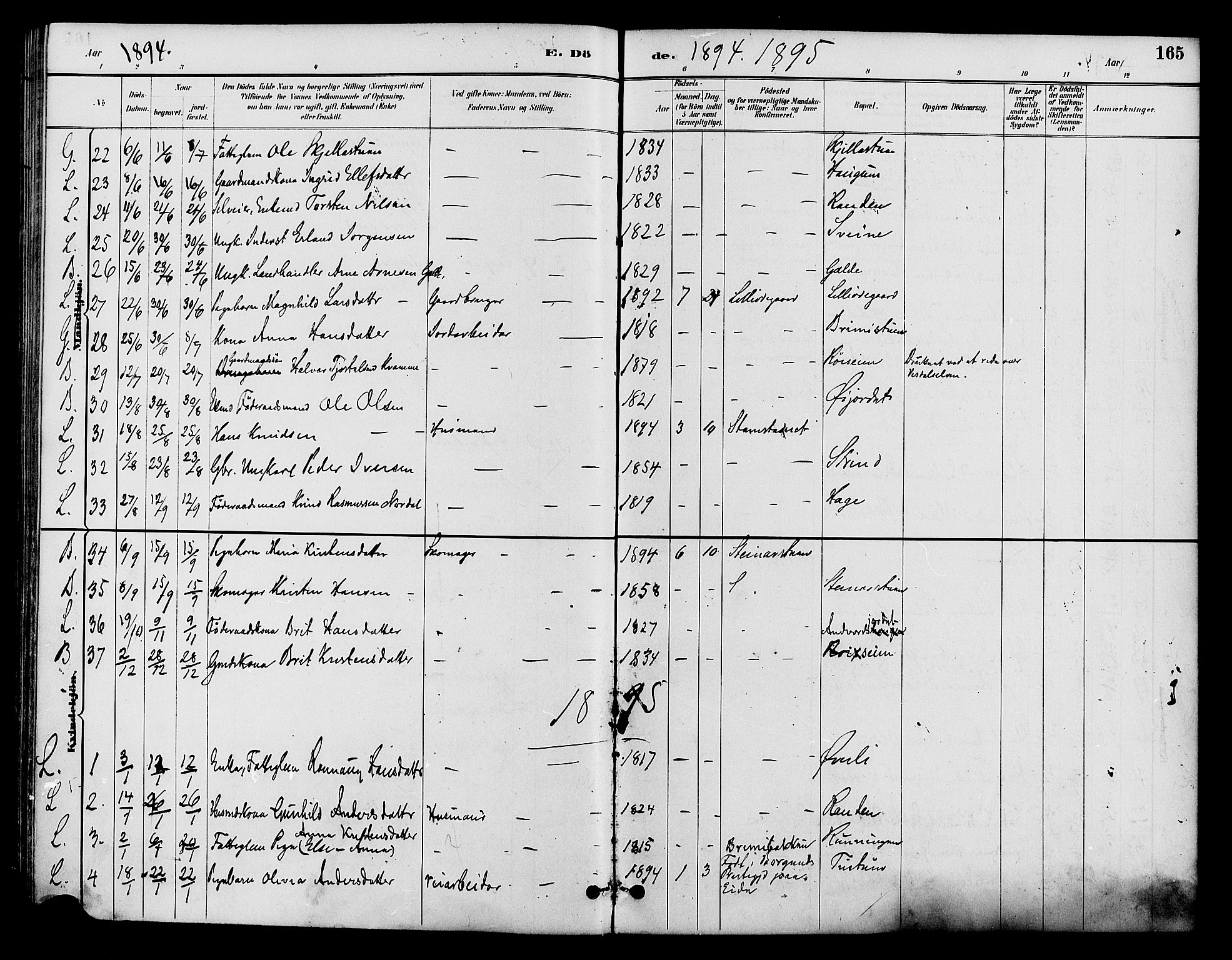 Lom prestekontor, AV/SAH-PREST-070/K/L0008: Parish register (official) no. 8, 1885-1898, p. 165