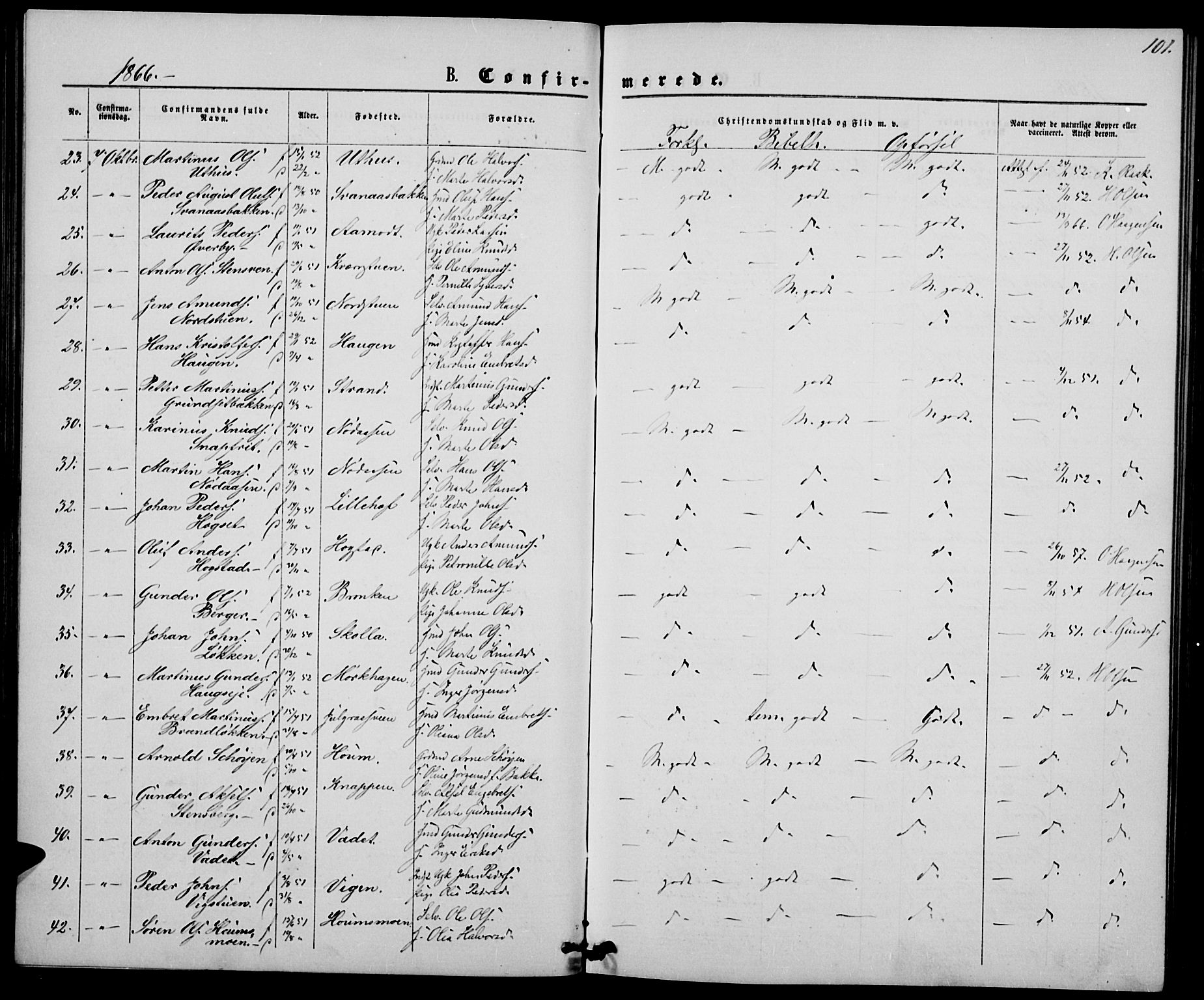 Elverum prestekontor, SAH/PREST-044/H/Ha/Hab/L0004: Parish register (copy) no. 4, 1866-1874, p. 101