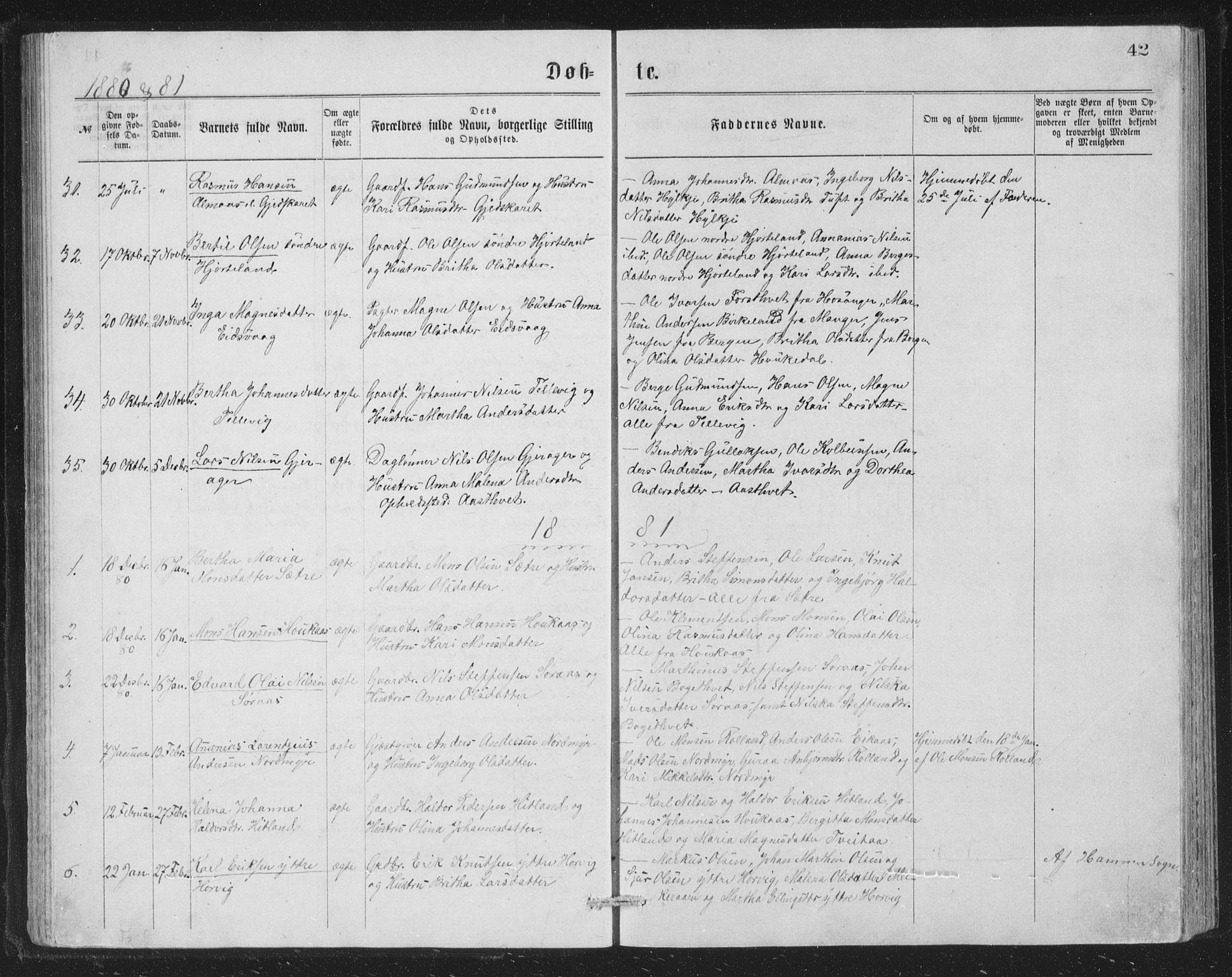 Åsane sokneprestembete, SAB/A-79401/H/Hab: Parish register (copy) no. A 1, 1870-1884, p. 42