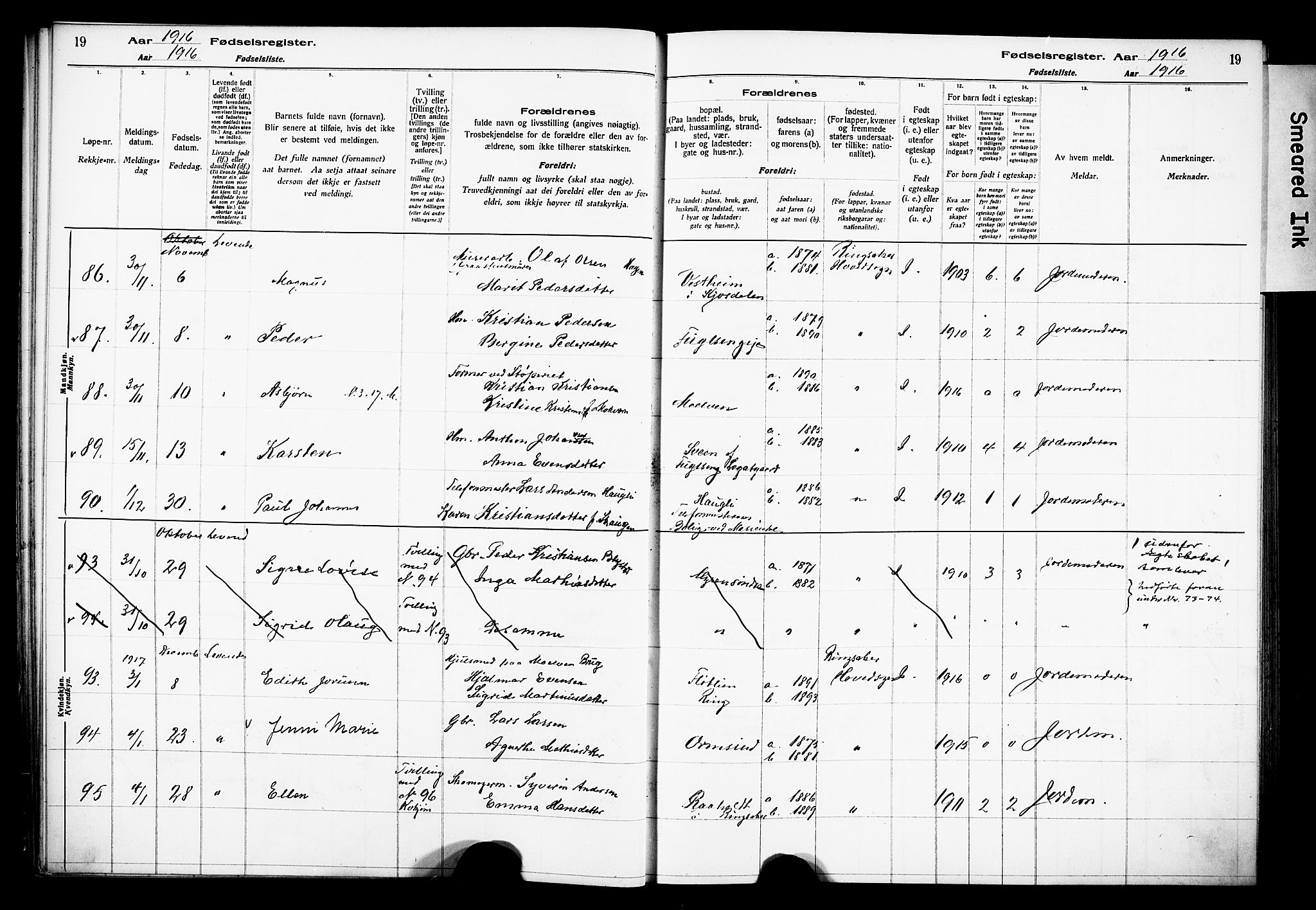 Ringsaker prestekontor, AV/SAH-PREST-014/O/Oa/L0001: Birth register no. 1, 1916-1925, p. 19