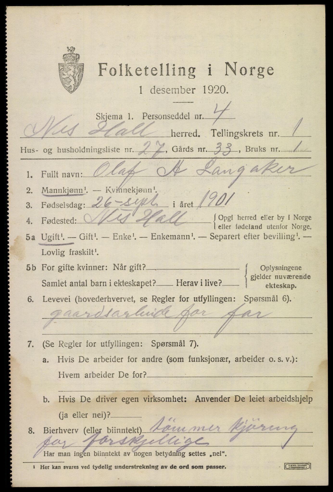 SAKO, 1920 census for Nes (Buskerud), 1920, p. 1266