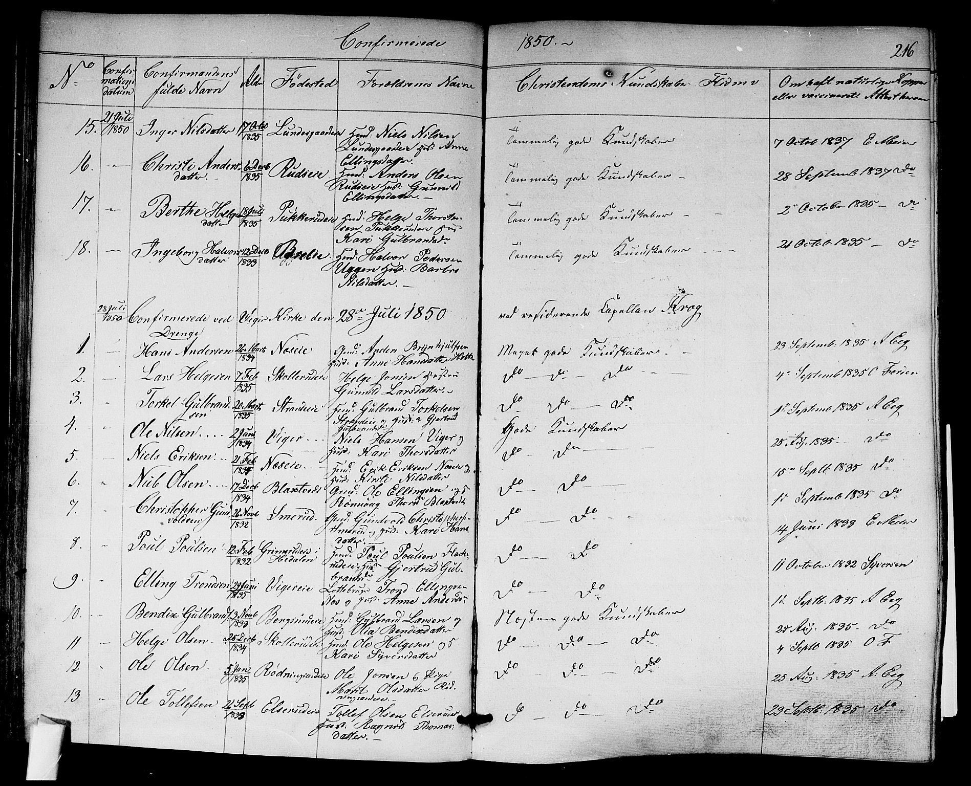 Norderhov kirkebøker, AV/SAKO-A-237/F/Fa/L0011: Parish register (official) no. 11, 1847-1856, p. 216