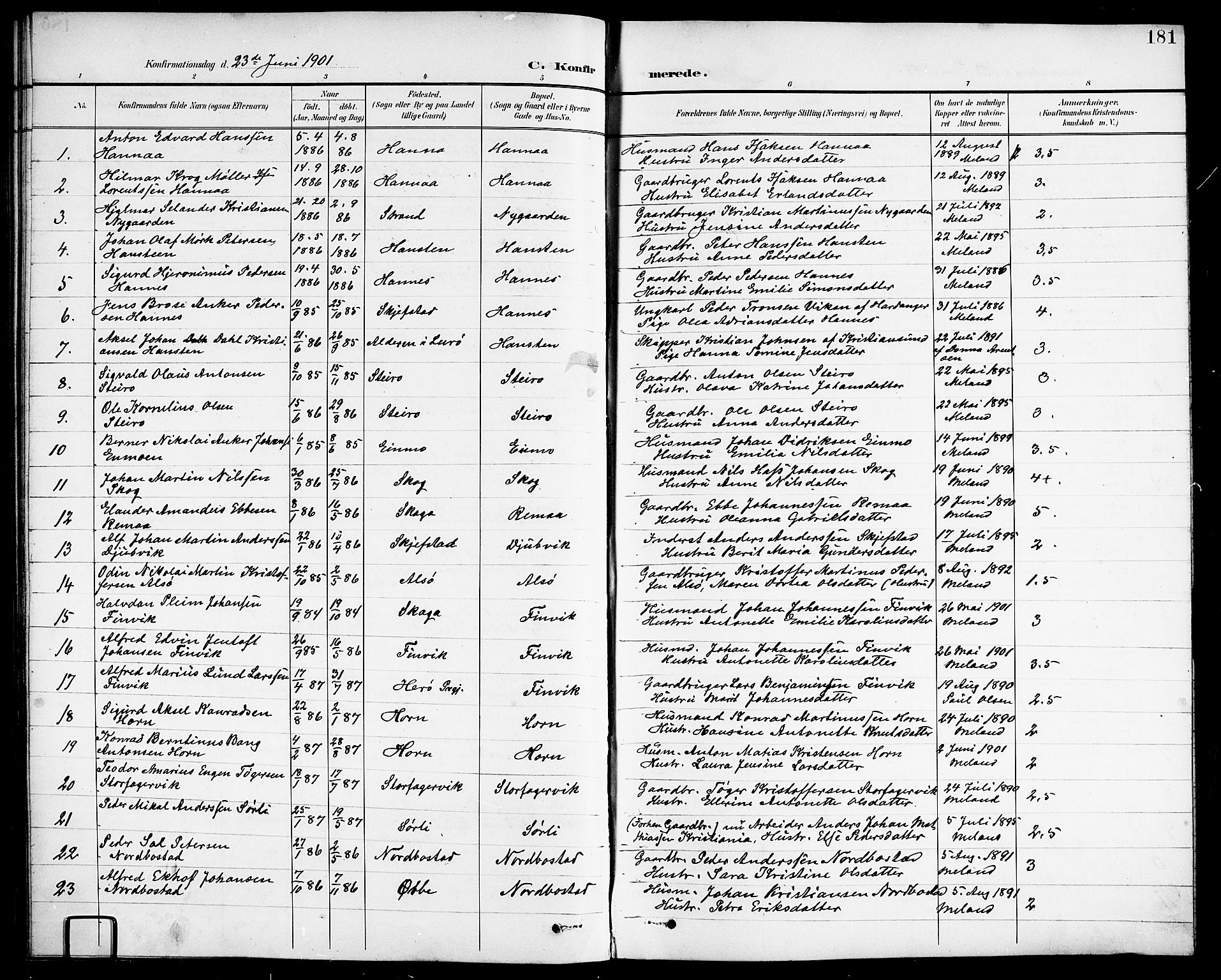 Ministerialprotokoller, klokkerbøker og fødselsregistre - Nordland, SAT/A-1459/838/L0559: Parish register (copy) no. 838C06, 1893-1910, p. 181