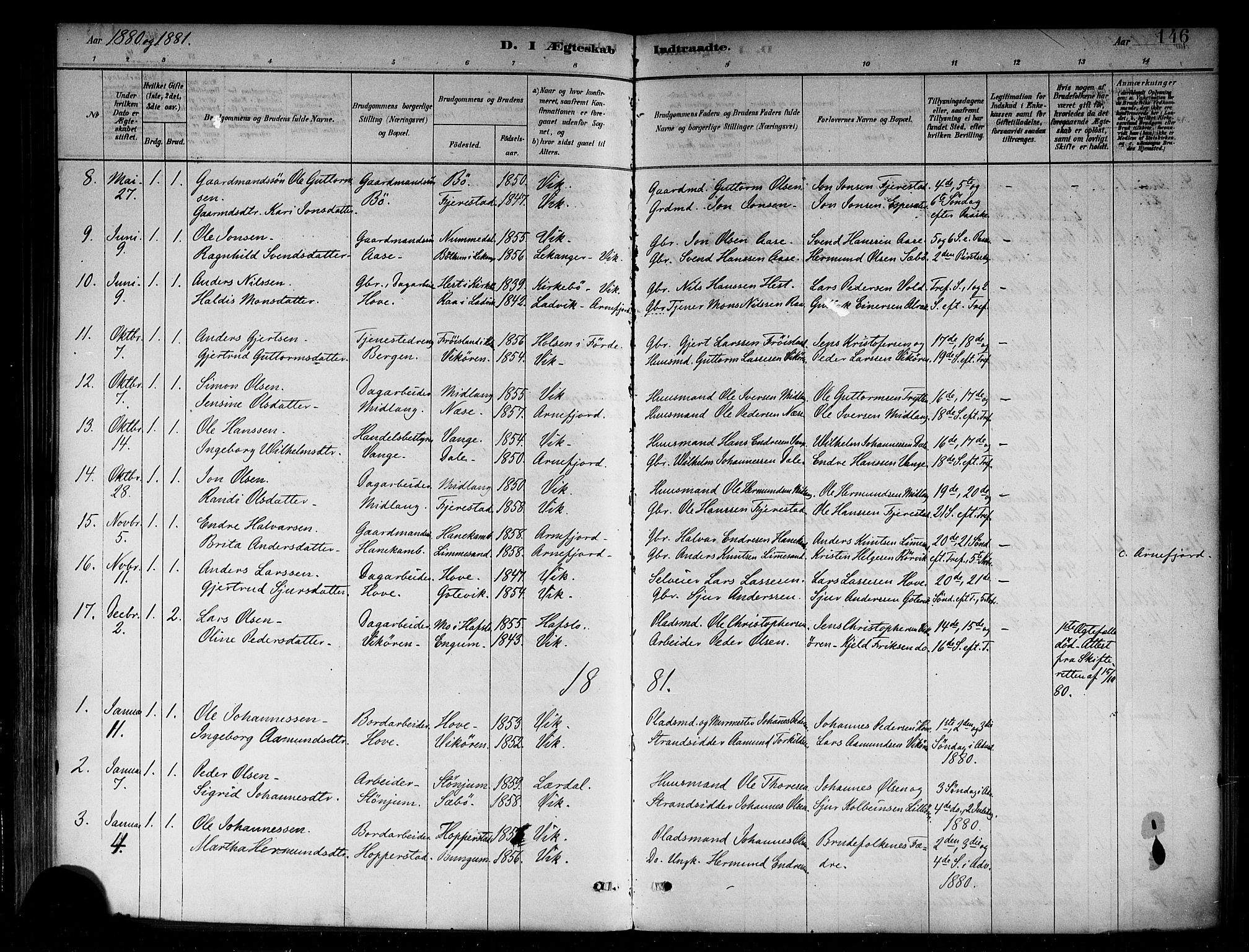 Vik sokneprestembete, SAB/A-81501: Parish register (official) no. B 1, 1878-1890, p. 146