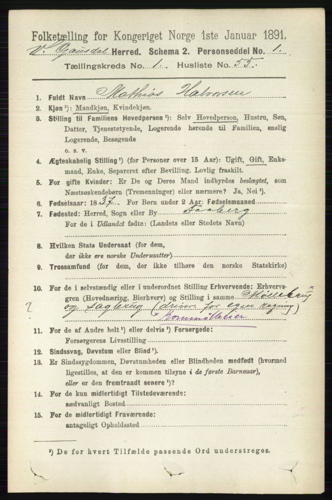 RA, 1891 census for 0523 Vestre Gausdal, 1891, p. 377