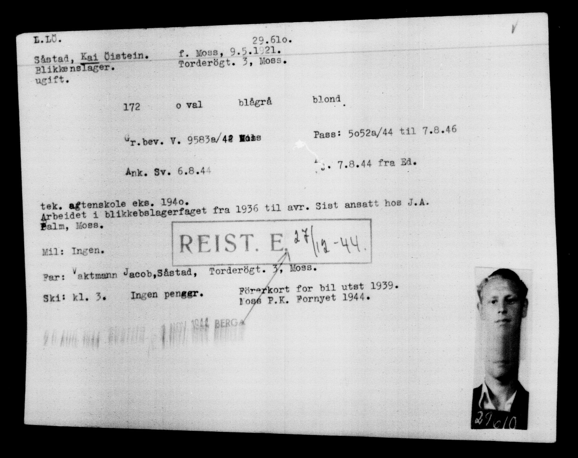 Utenriksstasjonene, Legasjonen i Stockholm, Flyktningkontoret, AV/RA-S-6753/V/Va/L0012: Kjesäterkartoteket, flyktninger med registreringsnr. 28300-31566, 1940-1945, p. 1440