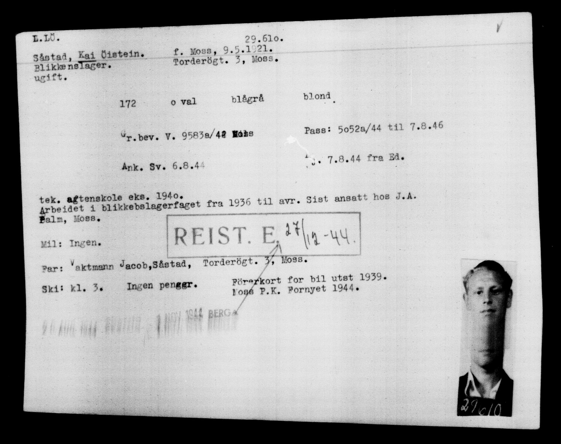 Den Kgl. Norske Legasjons Flyktningskontor, RA/S-6753/V/Va/L0012: Kjesäterkartoteket.  Flyktningenr. 28300-31566, 1940-1945, p. 1440