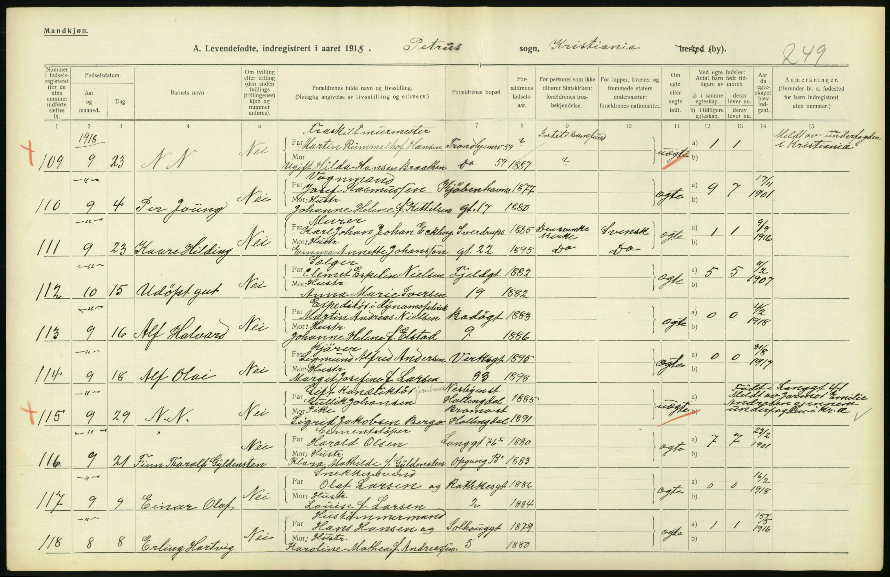 Statistisk sentralbyrå, Sosiodemografiske emner, Befolkning, AV/RA-S-2228/D/Df/Dfb/Dfbh/L0008: Kristiania: Levendefødte menn og kvinner., 1918, p. 612