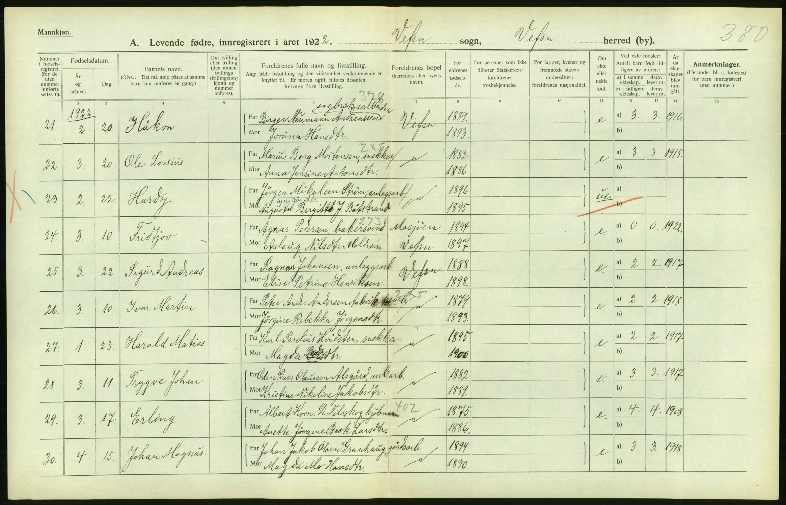 Statistisk sentralbyrå, Sosiodemografiske emner, Befolkning, AV/RA-S-2228/D/Df/Dfc/Dfcb/L0044: Nordland fylke: Levendefødte menn og kvinner. Bygder og byer., 1922, p. 344