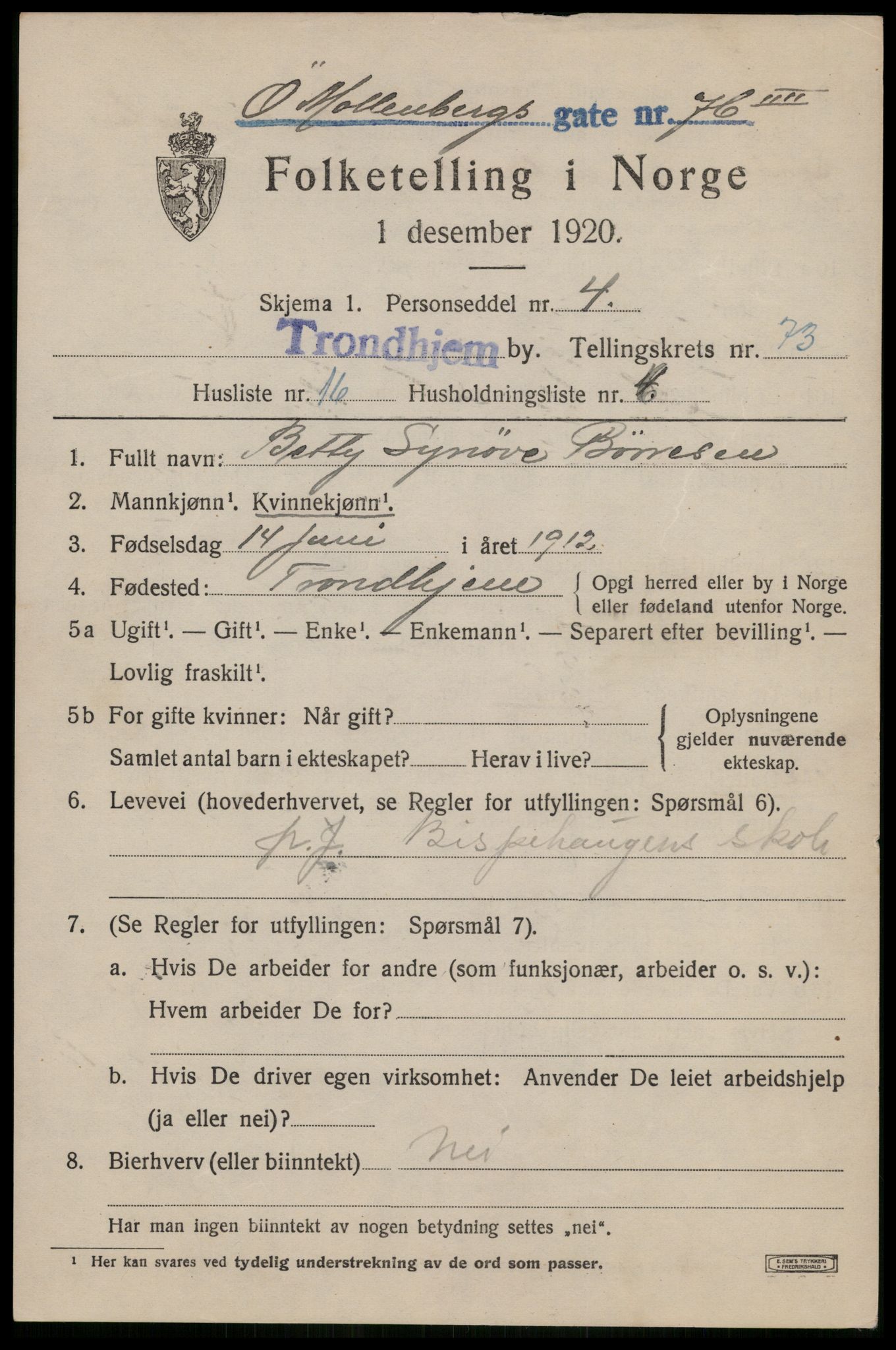 SAT, 1920 census for Trondheim, 1920, p. 143770