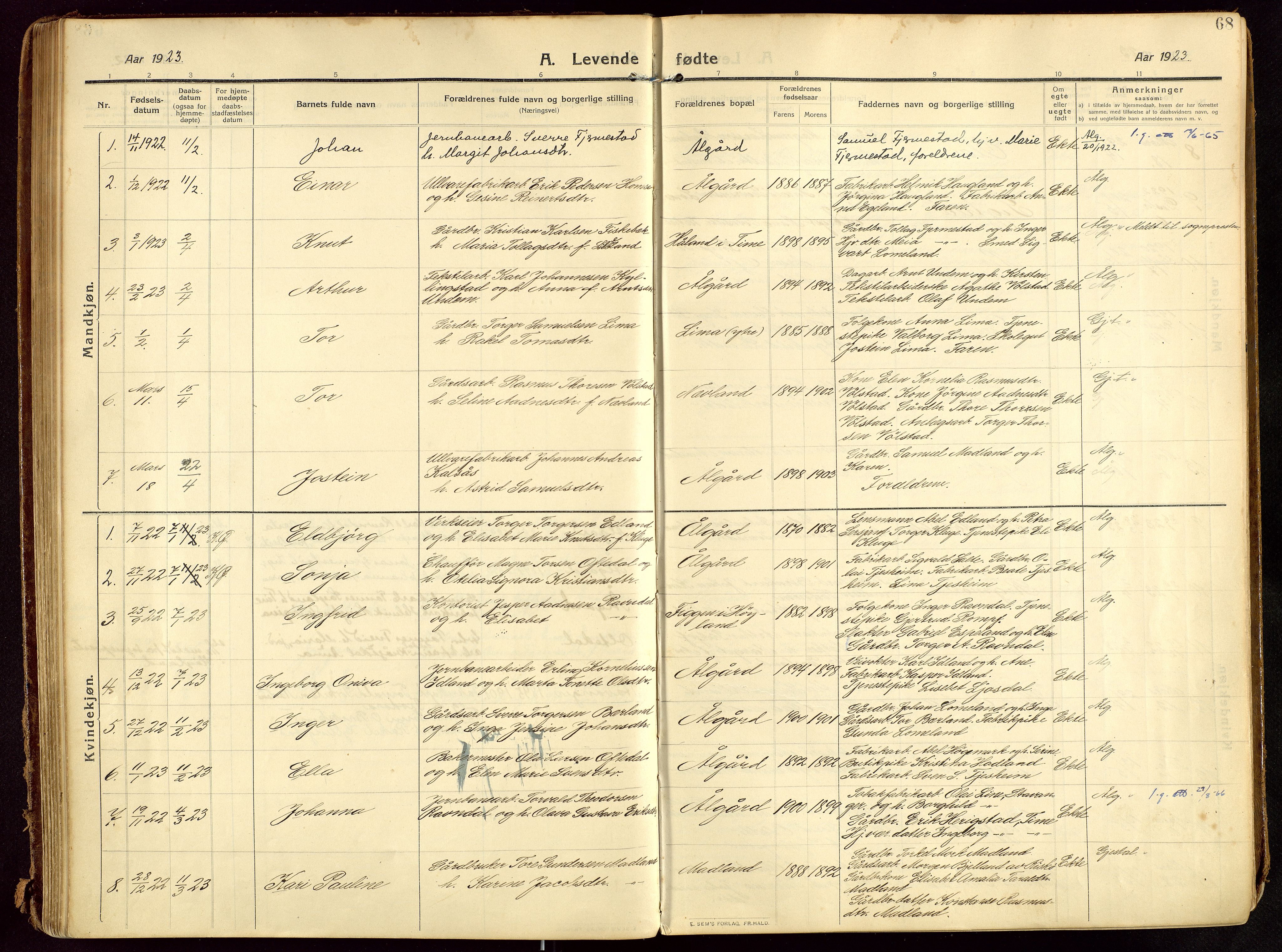 Lye sokneprestkontor, SAST/A-101794/002/B/L0001: Parish register (official) no. A 13, 1910-1925, p. 68
