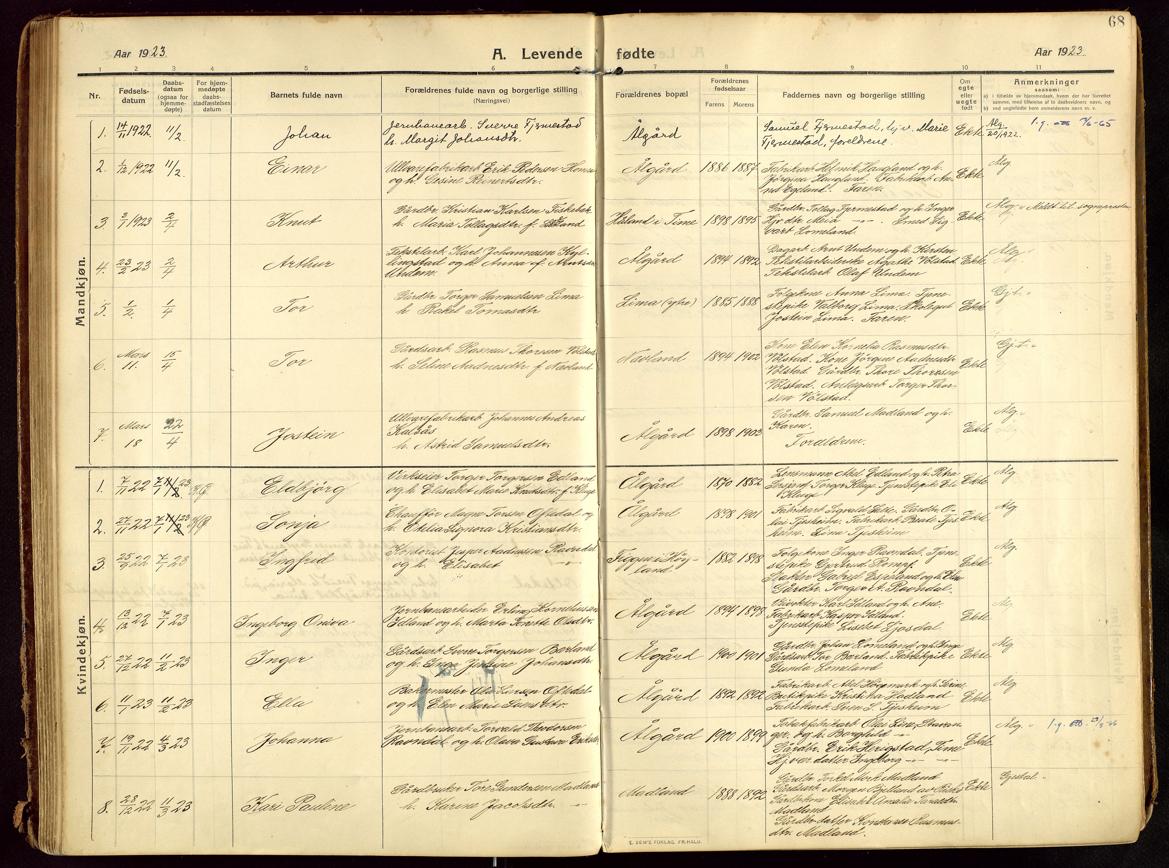 Lye sokneprestkontor, AV/SAST-A-101794/002/B/L0001: Parish register (official) no. A 13, 1910-1925, p. 68