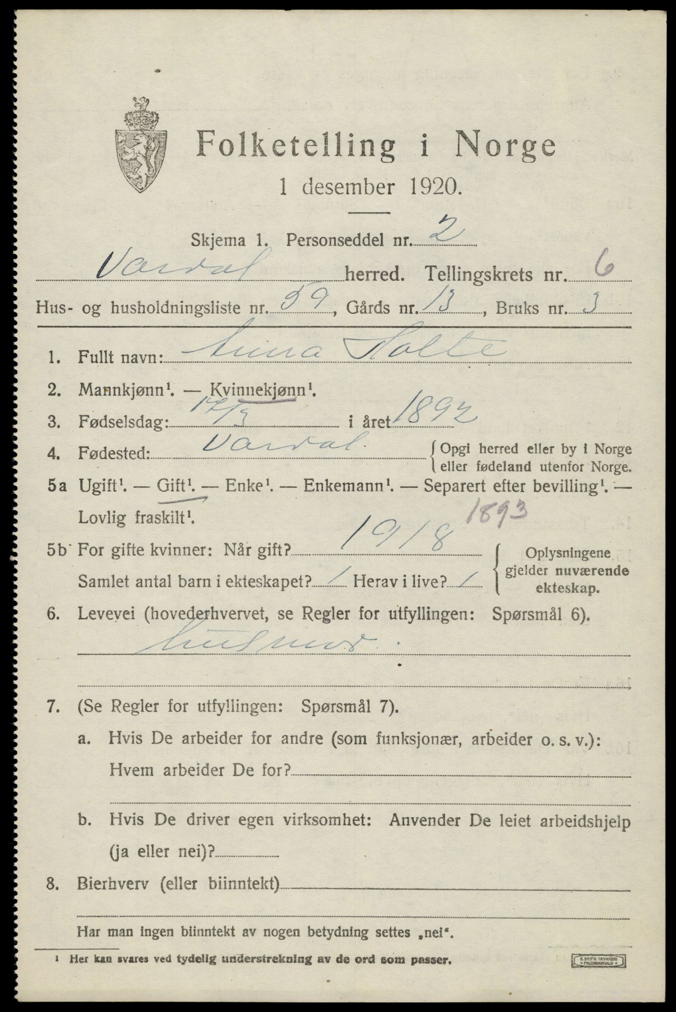 SAH, 1920 census for Vardal, 1920, p. 4547