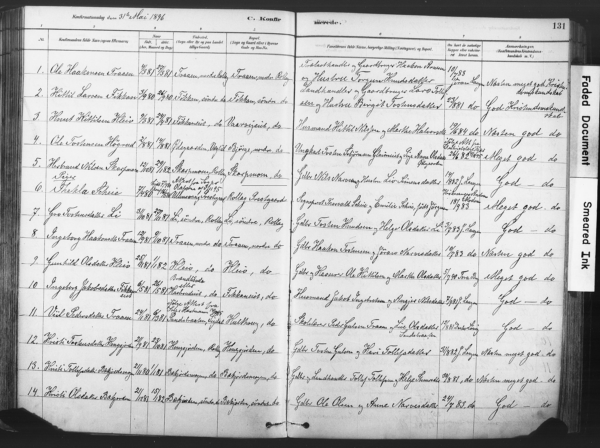 Rollag kirkebøker, SAKO/A-240/F/Fa/L0011: Parish register (official) no. I 11, 1878-1902, p. 131