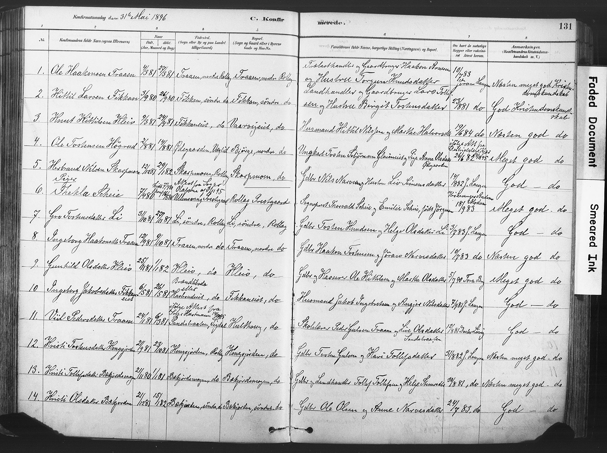 Rollag kirkebøker, AV/SAKO-A-240/F/Fa/L0011: Parish register (official) no. I 11, 1878-1902, p. 131