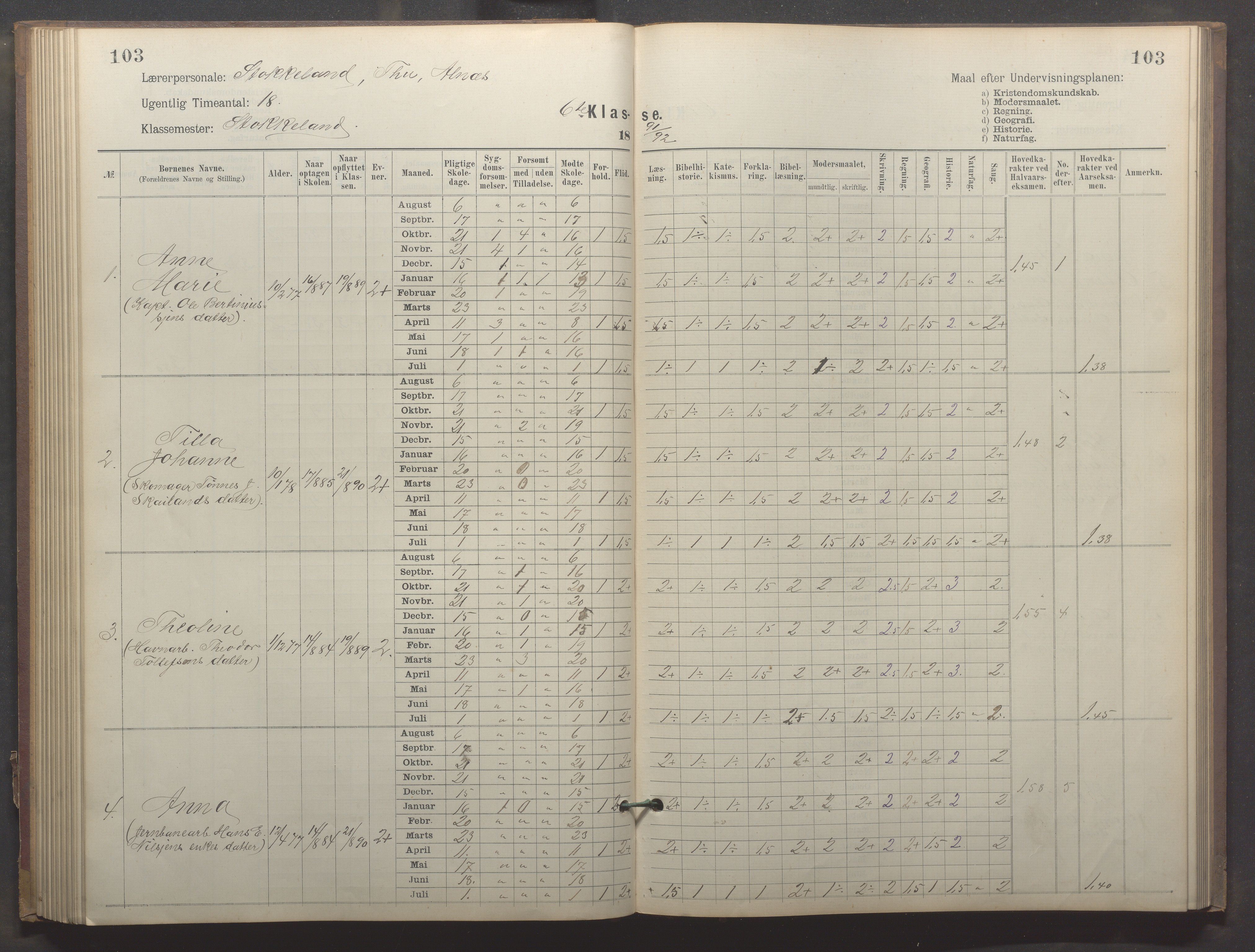 Egersund kommune (Ladested) - Egersund almueskole/folkeskole, IKAR/K-100521/H/L0023: Skoleprotokoll - Almueskolen, 6. klasse, 1886-1892, p. 103