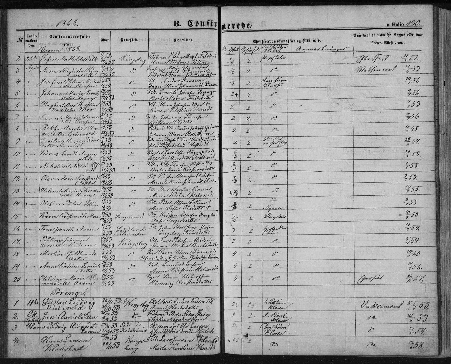 Kongsberg kirkebøker, AV/SAKO-A-22/F/Fa/L0010: Parish register (official) no. I 10, 1859-1875, p. 190