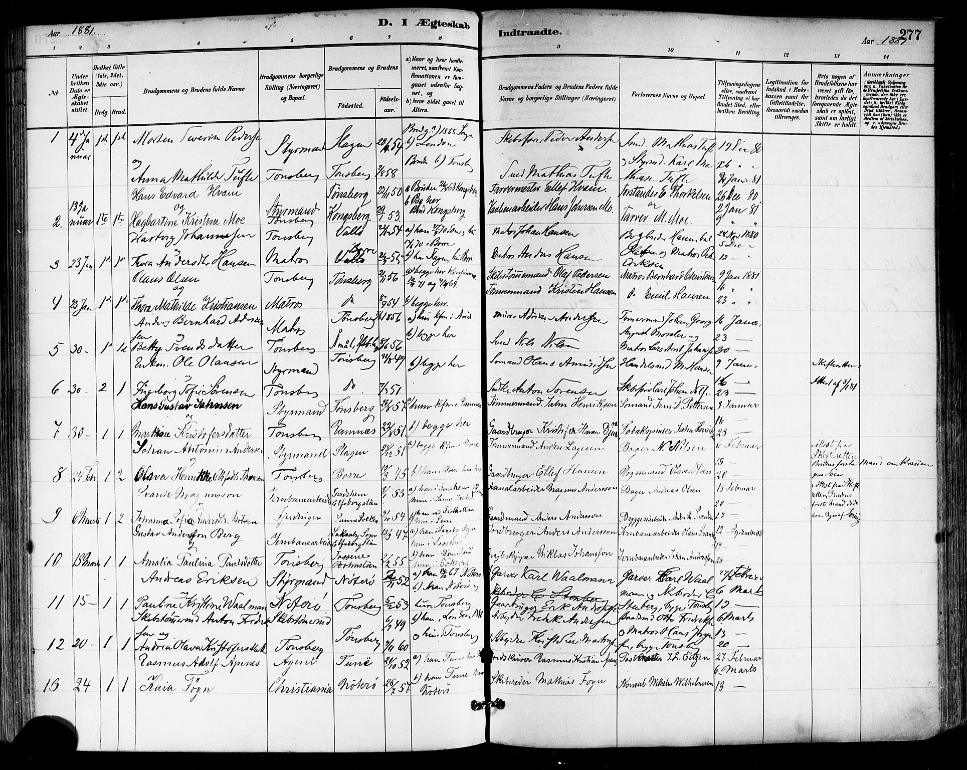 Tønsberg kirkebøker, SAKO/A-330/F/Fa/L0011: Parish register (official) no. I 11, 1881-1890, p. 277