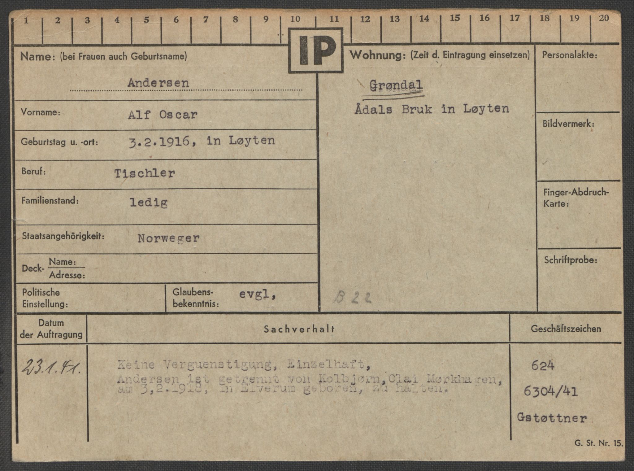 Befehlshaber der Sicherheitspolizei und des SD, AV/RA-RAFA-5969/E/Ea/Eaa/L0001: Register over norske fanger i Møllergata 19: A-Bj, 1940-1945, p. 152