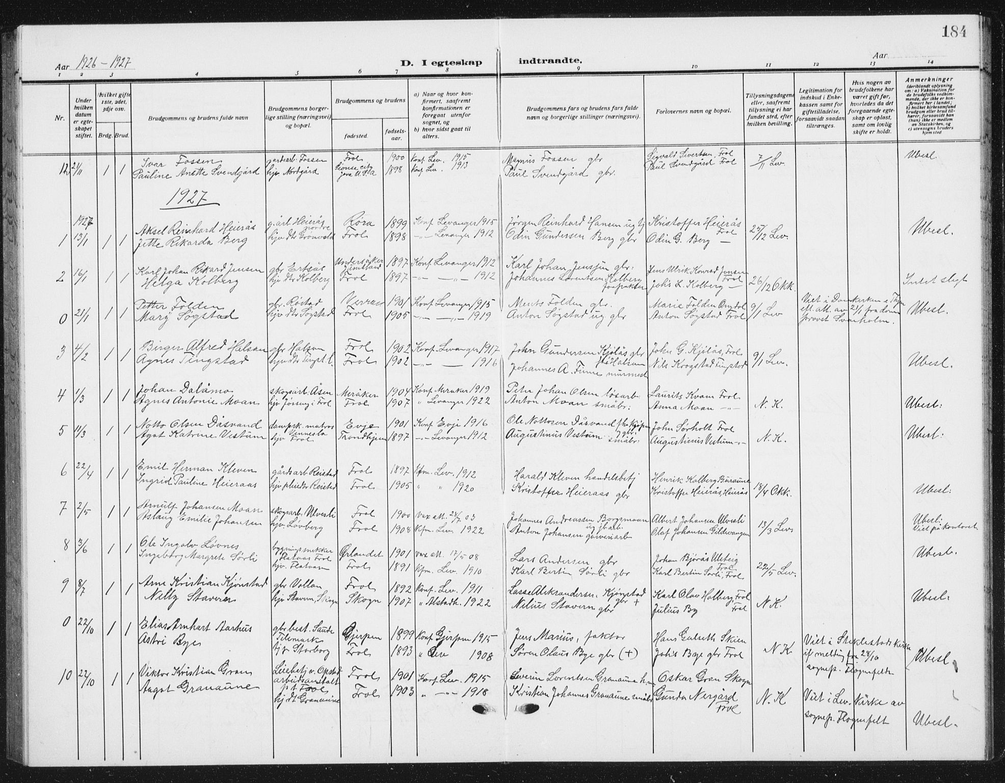 Ministerialprotokoller, klokkerbøker og fødselsregistre - Nord-Trøndelag, SAT/A-1458/721/L0209: Parish register (copy) no. 721C02, 1918-1940, p. 184