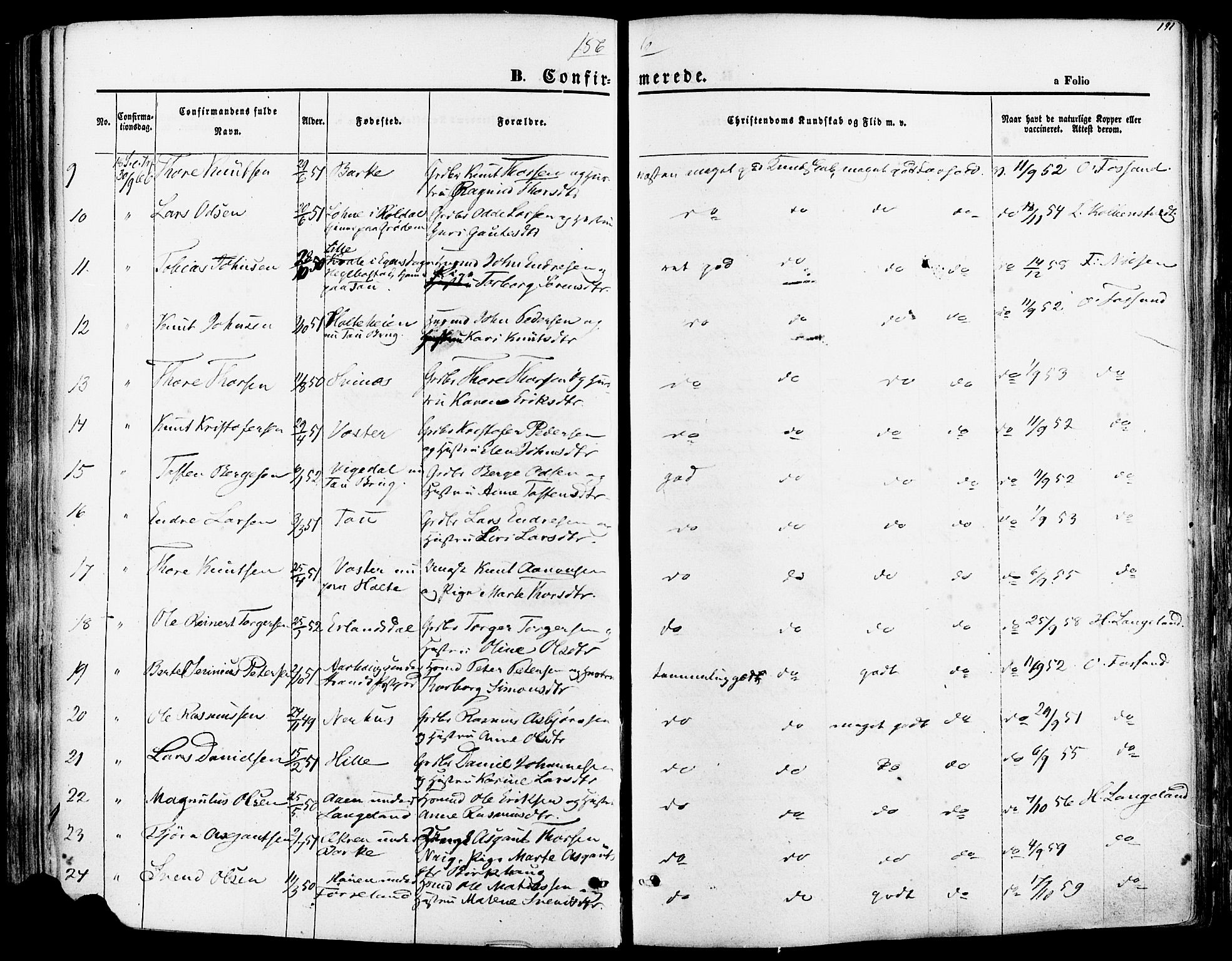 Strand sokneprestkontor, SAST/A-101828/H/Ha/Haa/L0007: Parish register (official) no. A 7, 1855-1881, p. 191