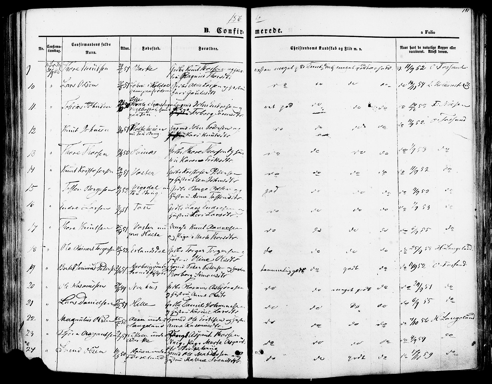 Strand sokneprestkontor, AV/SAST-A-101828/H/Ha/Haa/L0007: Parish register (official) no. A 7, 1855-1881, p. 191